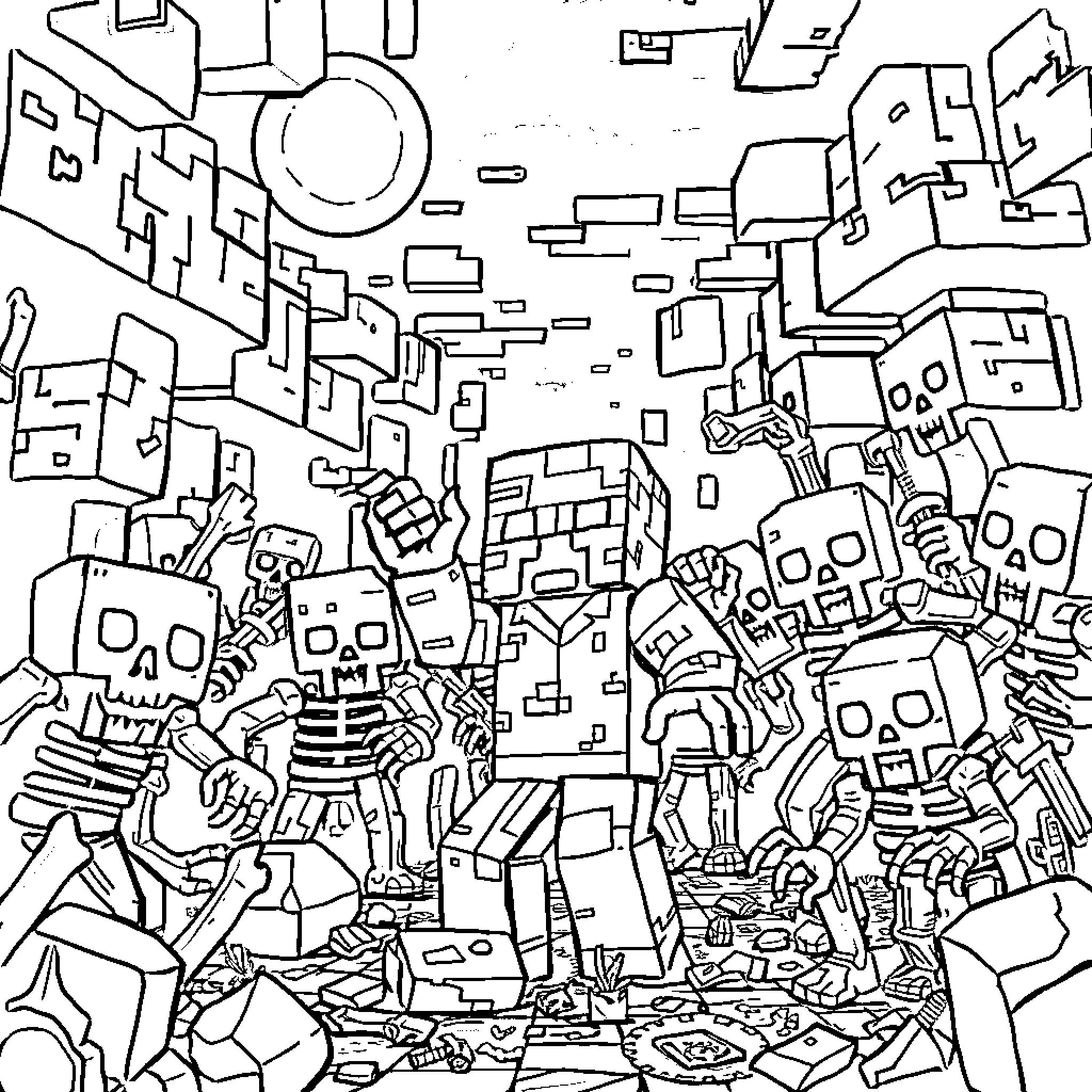 Minecraft characters in chaotic battle scene Coloring Page (free black-and-white line drawing printable PDF for all, from beginners to advanced learners, including children, teens, adults, and seniors)