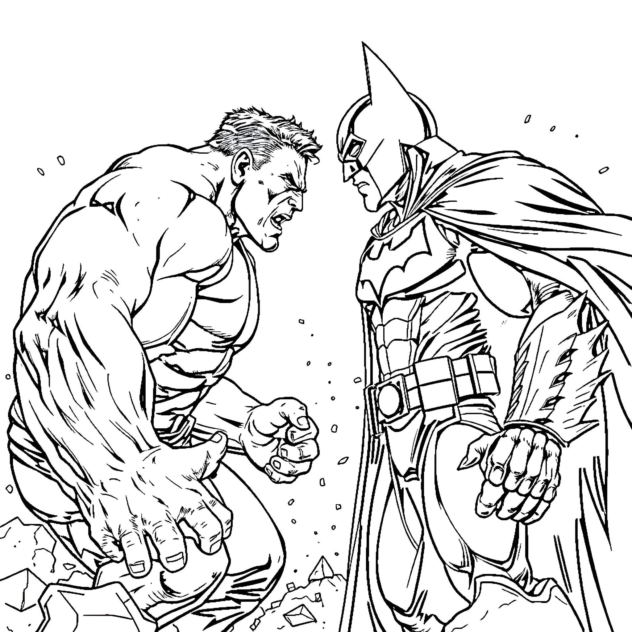 Hulk confronting the Caped Crusader in action-packed scene Coloring Page (free black-and-white line drawing printable PDF for all, from beginners to advanced learners, including children, teens, adults, and seniors)