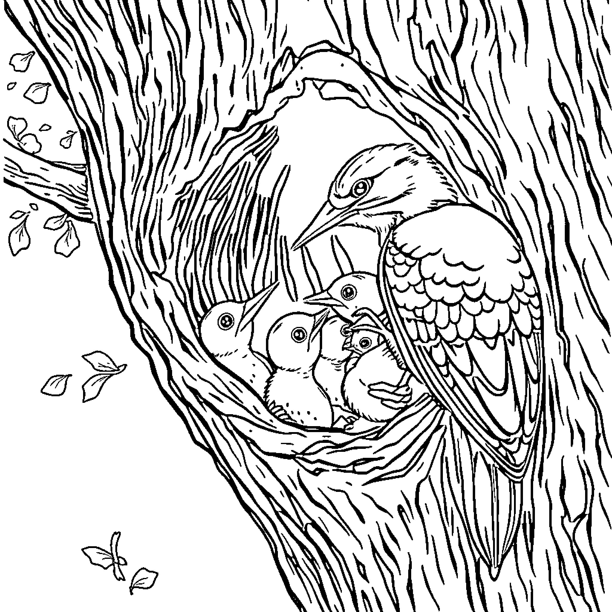 Woodpecker Tending to Nest with Chicks Coloring Page (free black-and-white line drawing printable PDF for all, from beginners to advanced learners, including children, teens, adults, and seniors)