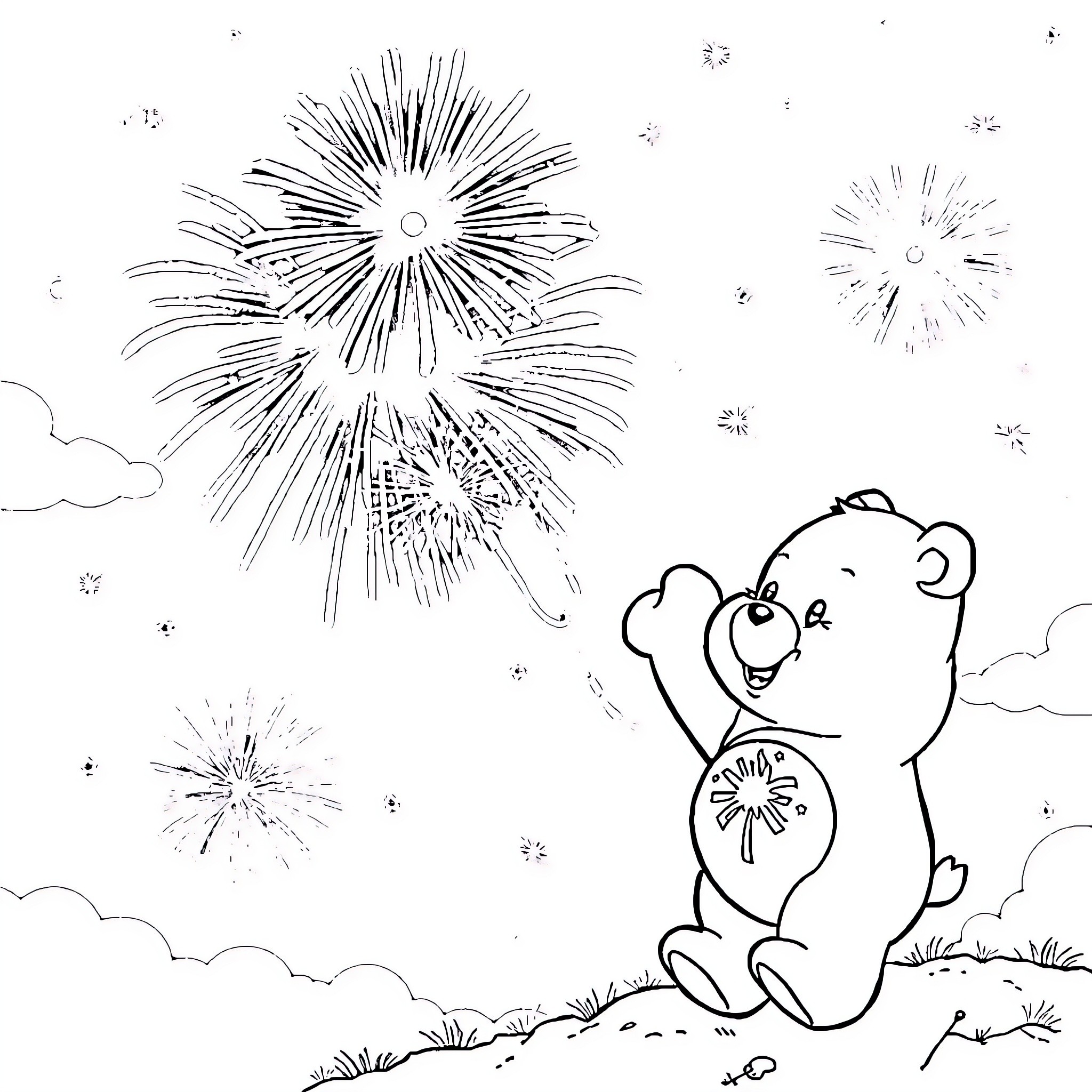 Care Bear enjoying fireworks in the sky Coloring Page (free black-and-white line drawing printable PDF for all, from beginners to advanced learners, including children, teens, adults, and seniors)