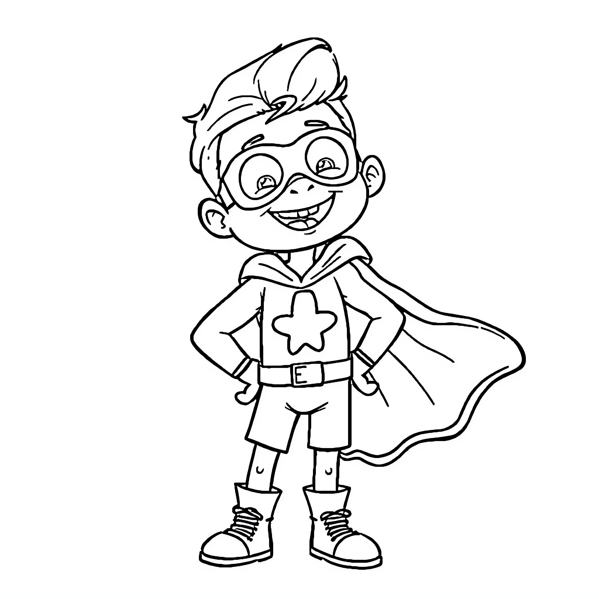 Superhero Boy in Costume with Confident Pose Coloring Page (free black-and-white line drawing printable PDF for all, from beginners to advanced learners, including children, teens, adults, and seniors)