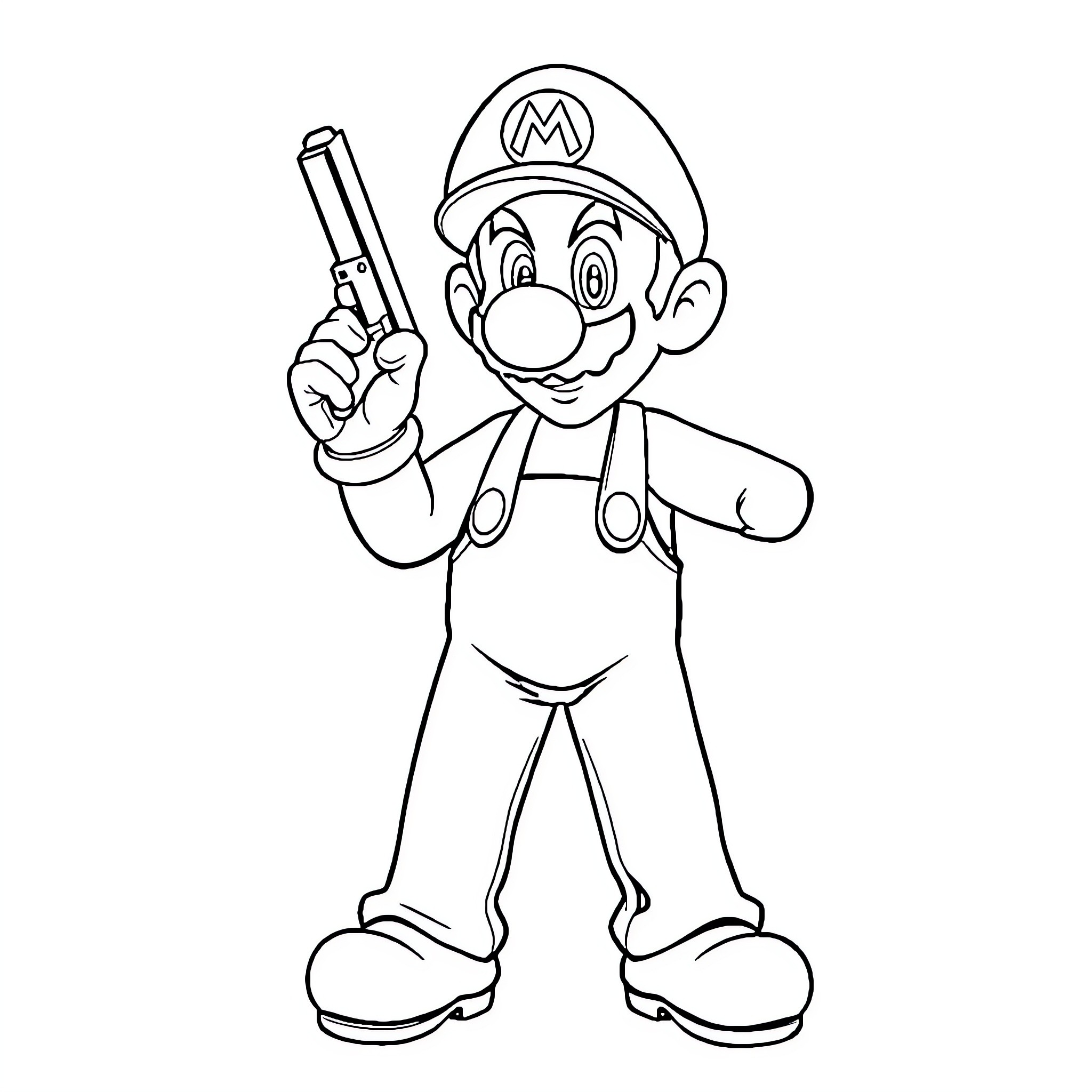 Luigi the Plumber with Pistol in Hand Coloring Page (free black-and-white line drawing printable PDF for all, from beginners to advanced learners, including children, teens, adults, and seniors)