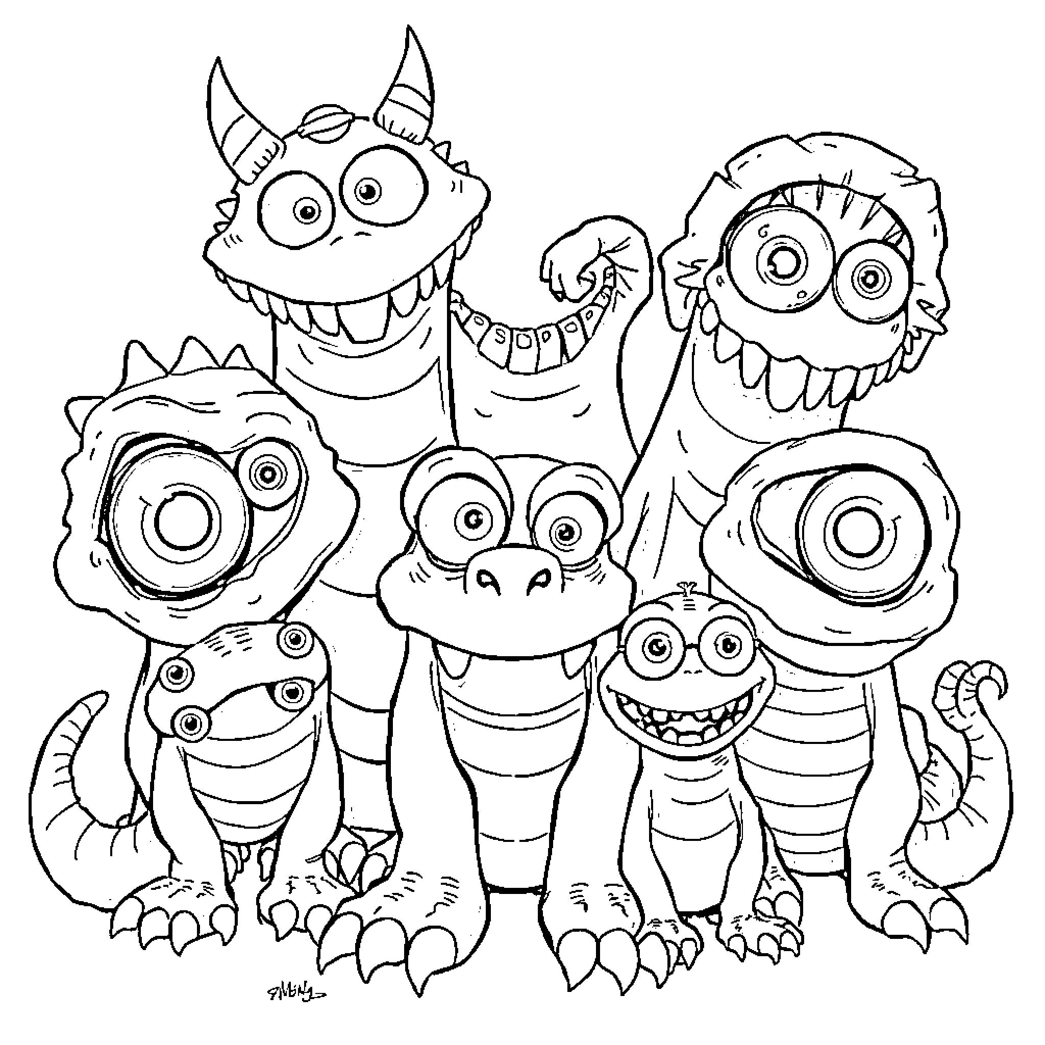 Monster Family Gathering in Playful Poses Coloring Page (free black-and-white line drawing printable PDF for all, from beginners to advanced learners, including children, teens, adults, and seniors)