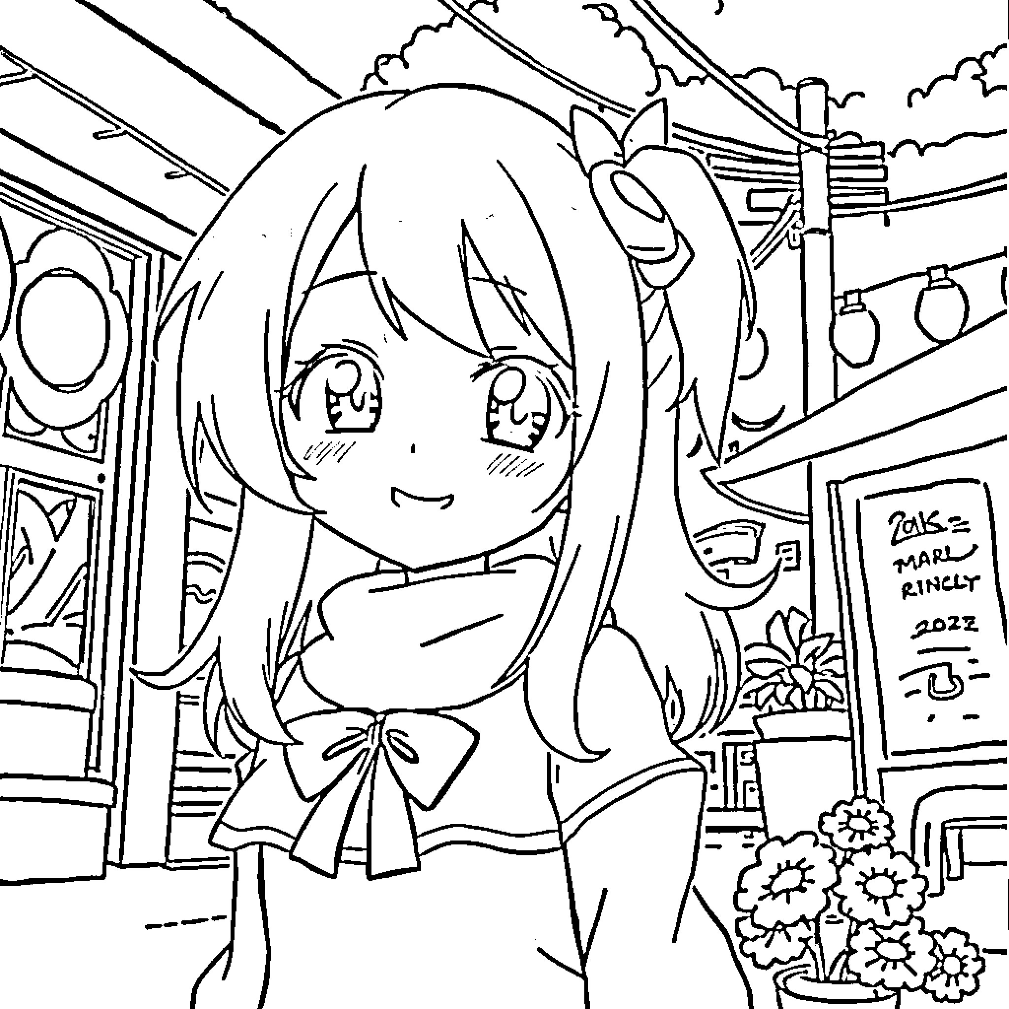Nesuko enjoying herself in a whimsical scene Coloring Page (free black-and-white line drawing printable PDF for all, from beginners to advanced learners, including children, teens, adults, and seniors)