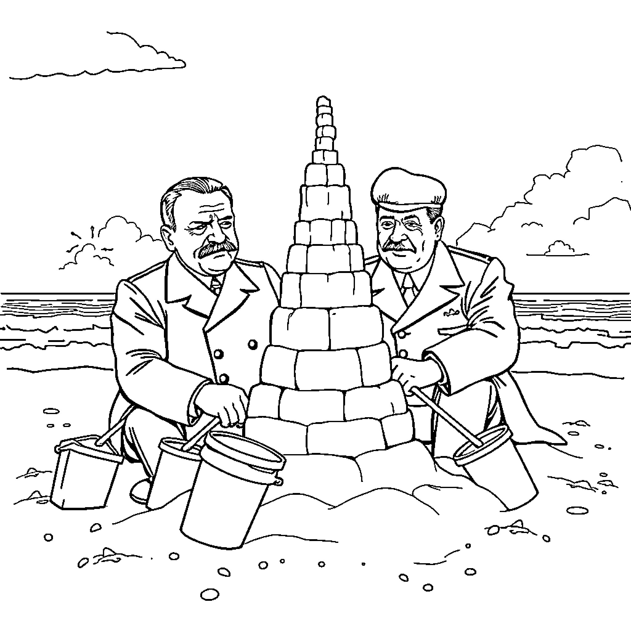 Historical Figures Building a Sand Castle on the Beach Coloring Page (free black-and-white line drawing printable PDF for all, from beginners to advanced learners, including children, teens, adults, and seniors)