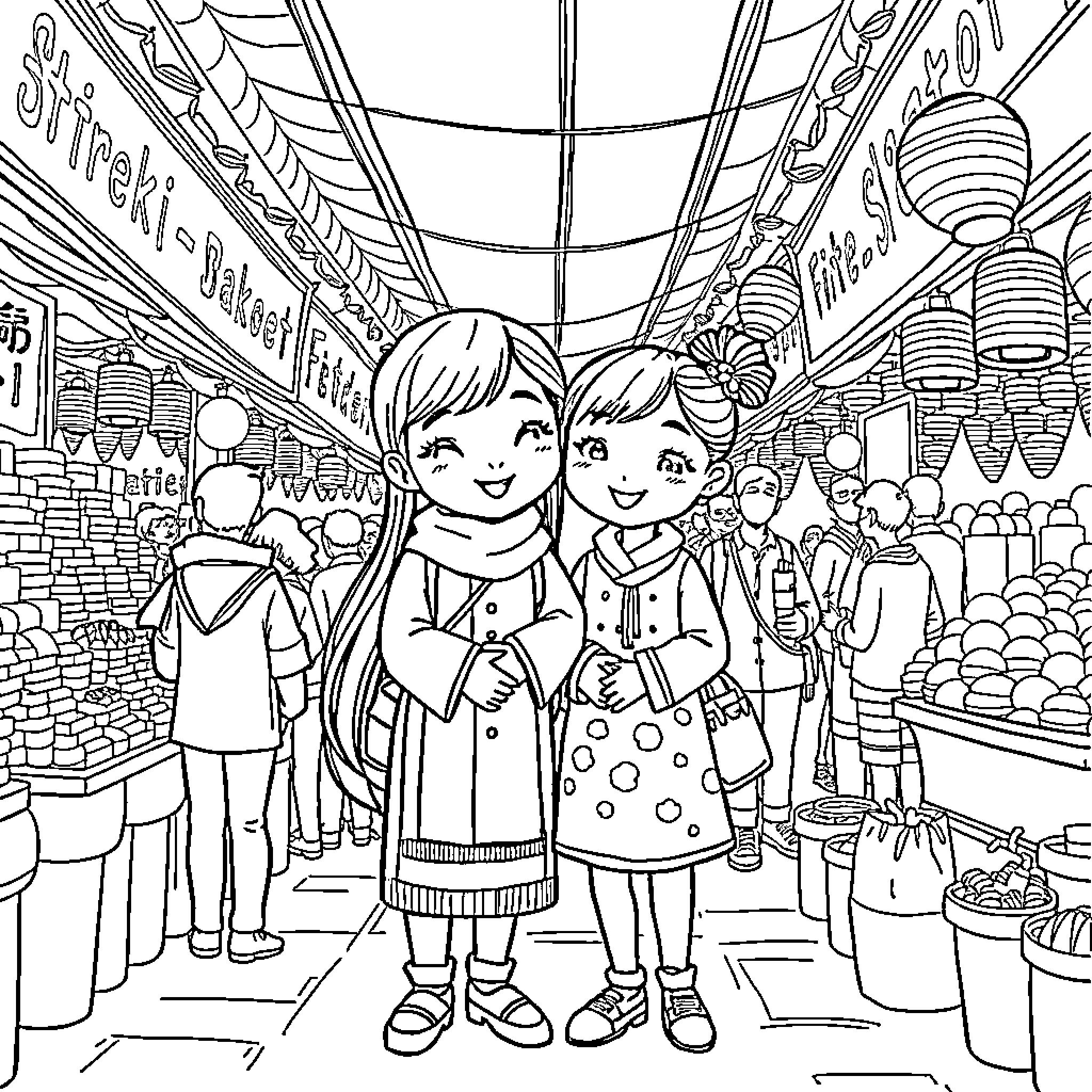 Maomao's Lively Journey Through the Bustling Market Coloring Page (free black-and-white line drawing printable PDF for all, from beginners to advanced learners, including children, teens, adults, and seniors)