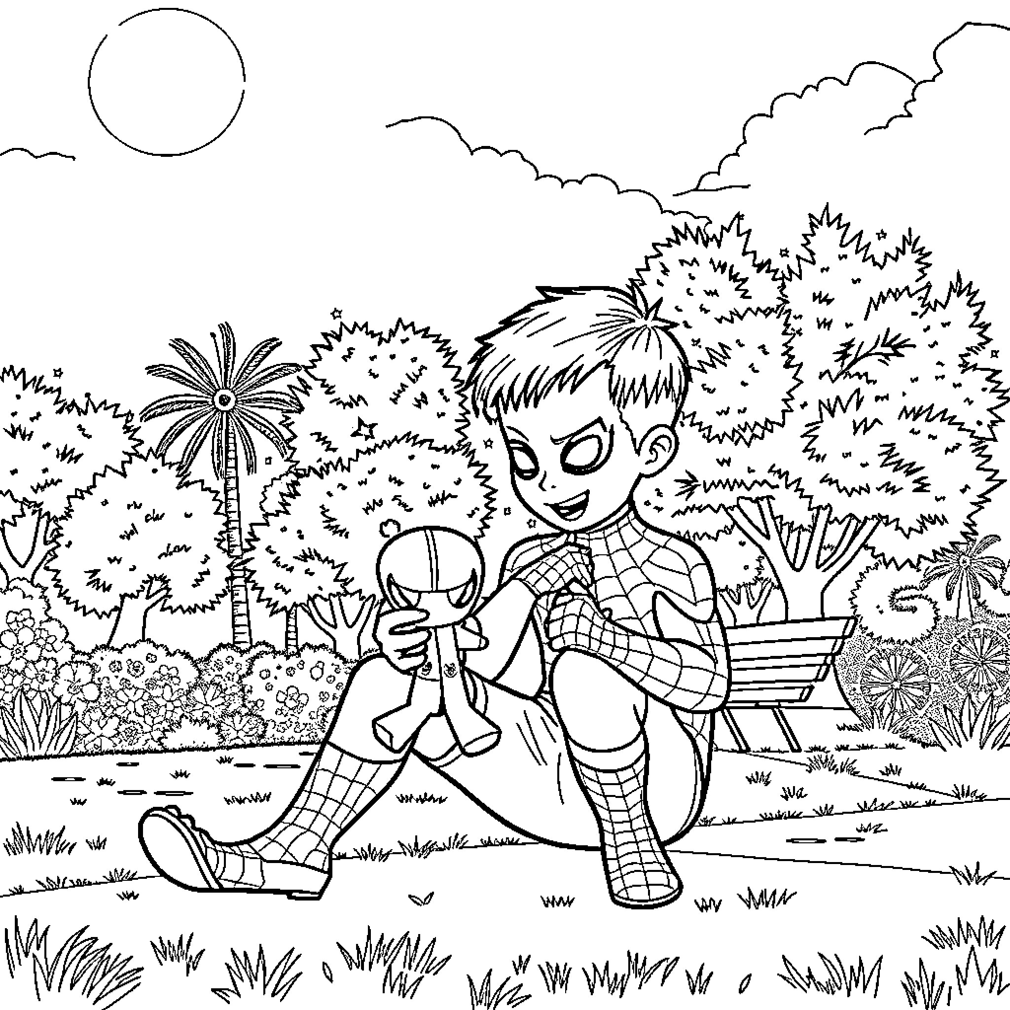 Boy exploring nature in a tropical garden Coloring Page (free black-and-white line drawing printable PDF for all, from beginners to advanced learners, including children, teens, adults, and seniors)