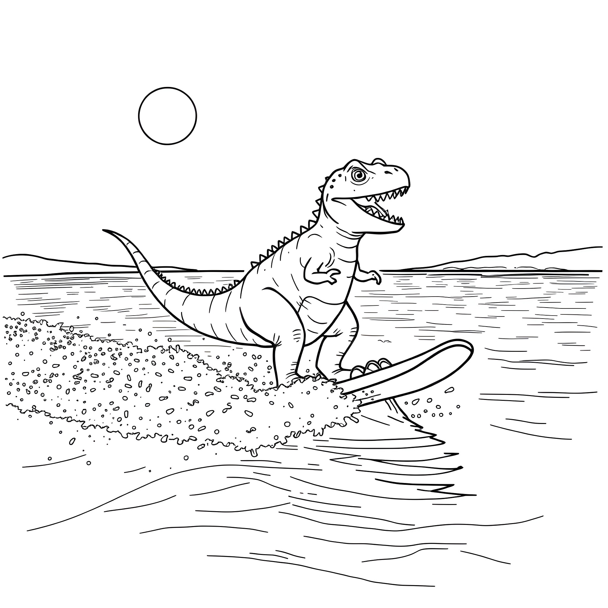 Trex surfing on the waves Coloring Page (free black-and-white line drawing printable PDF for all, from beginners to advanced learners, including children, teens, adults, and seniors)
