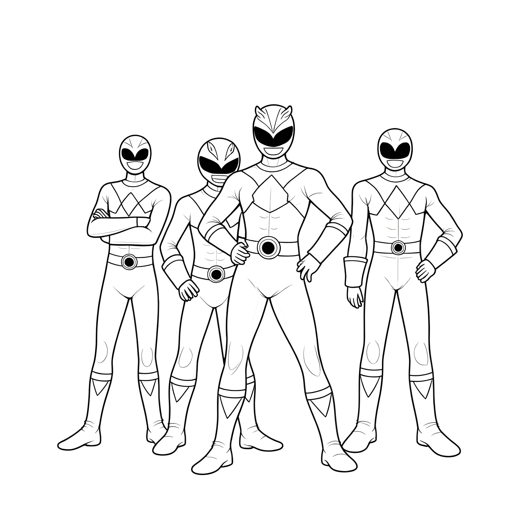 Power Rangers Strike a Heroic Pose Coloring Page (free black-and-white line drawing printable PDF for all, from beginners to advanced learners, including children, teens, adults, and seniors)