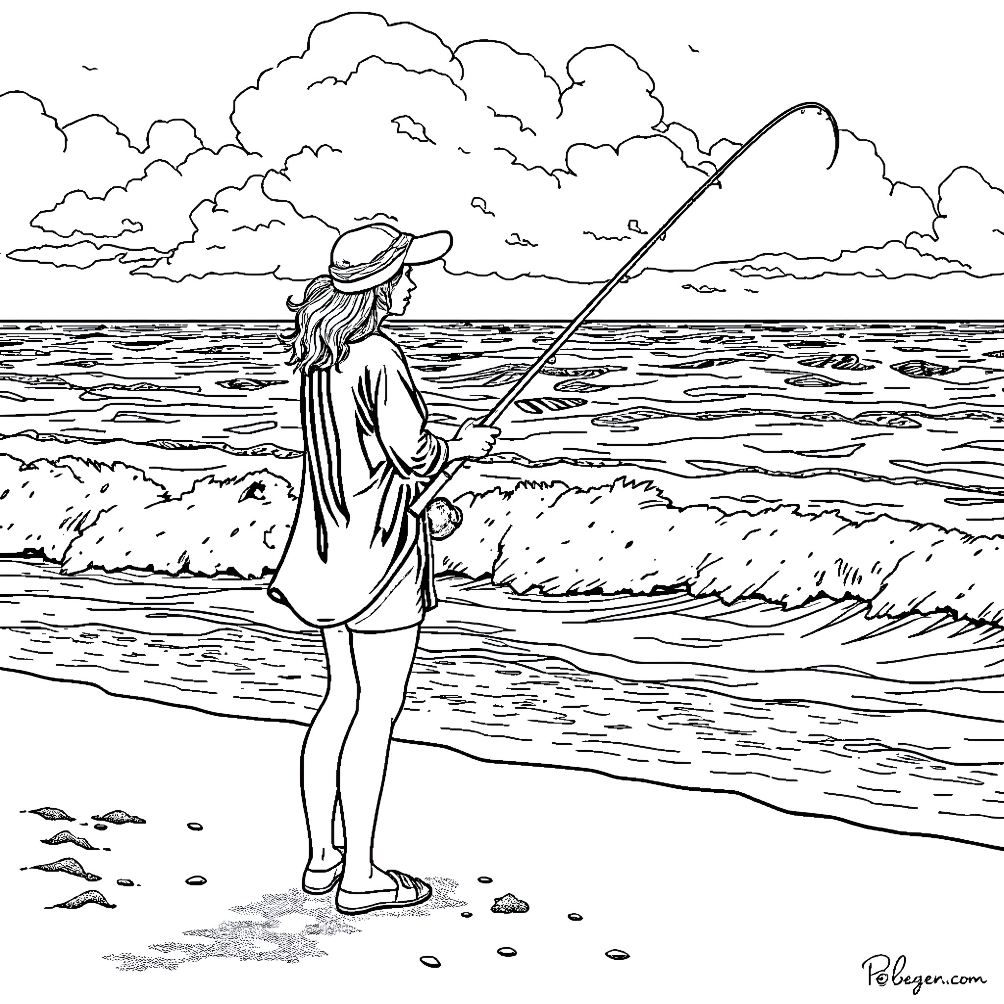 Lady fishing on the shore in stormy weather Coloring Page (free black-and-white line drawing printable PDF for all, from beginners to advanced learners, including children, teens, adults, and seniors)