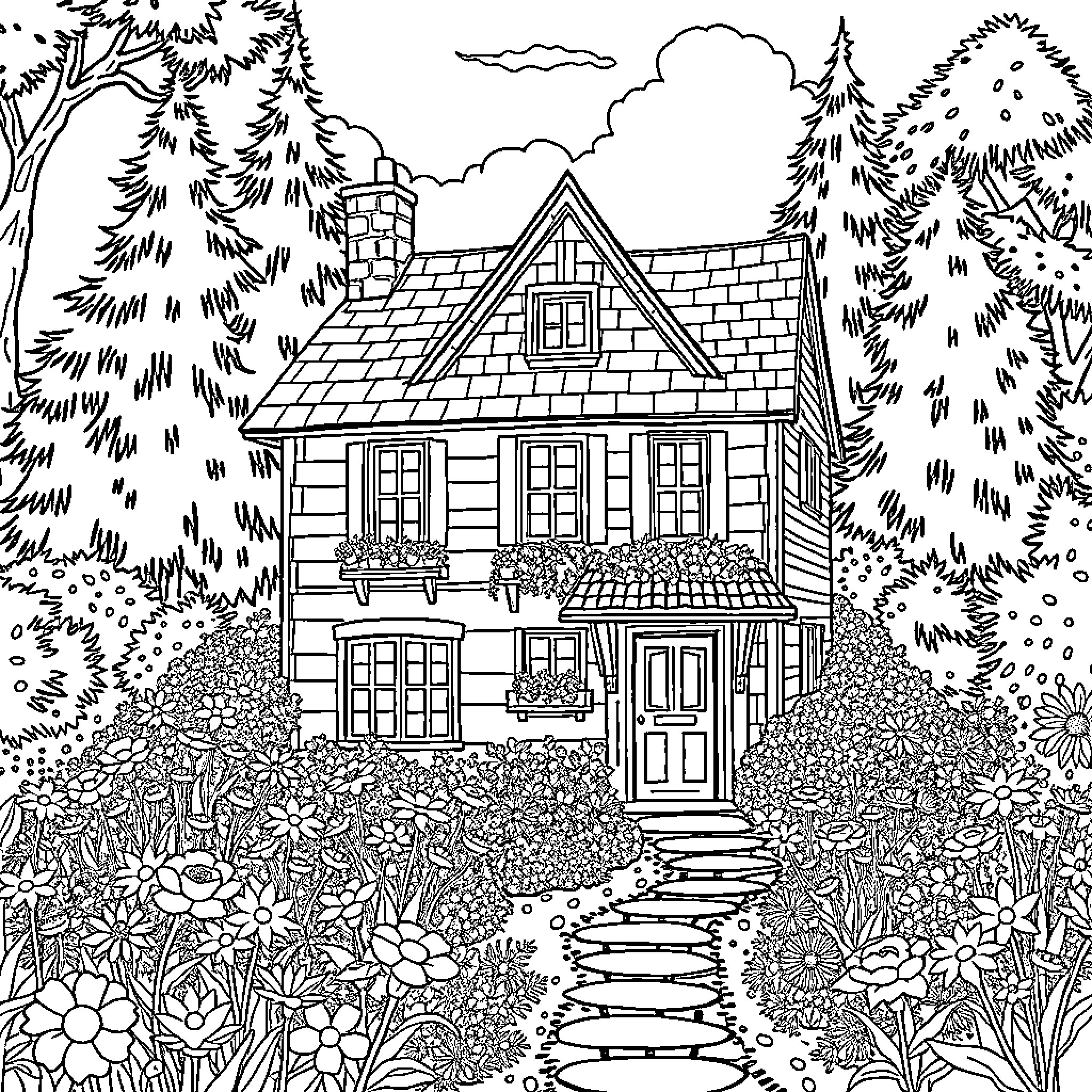 House in a Lush Forest Landscape Coloring Page (free black-and-white line drawing printable PDF for all, from beginners to advanced learners, including children, teens, adults, and seniors)