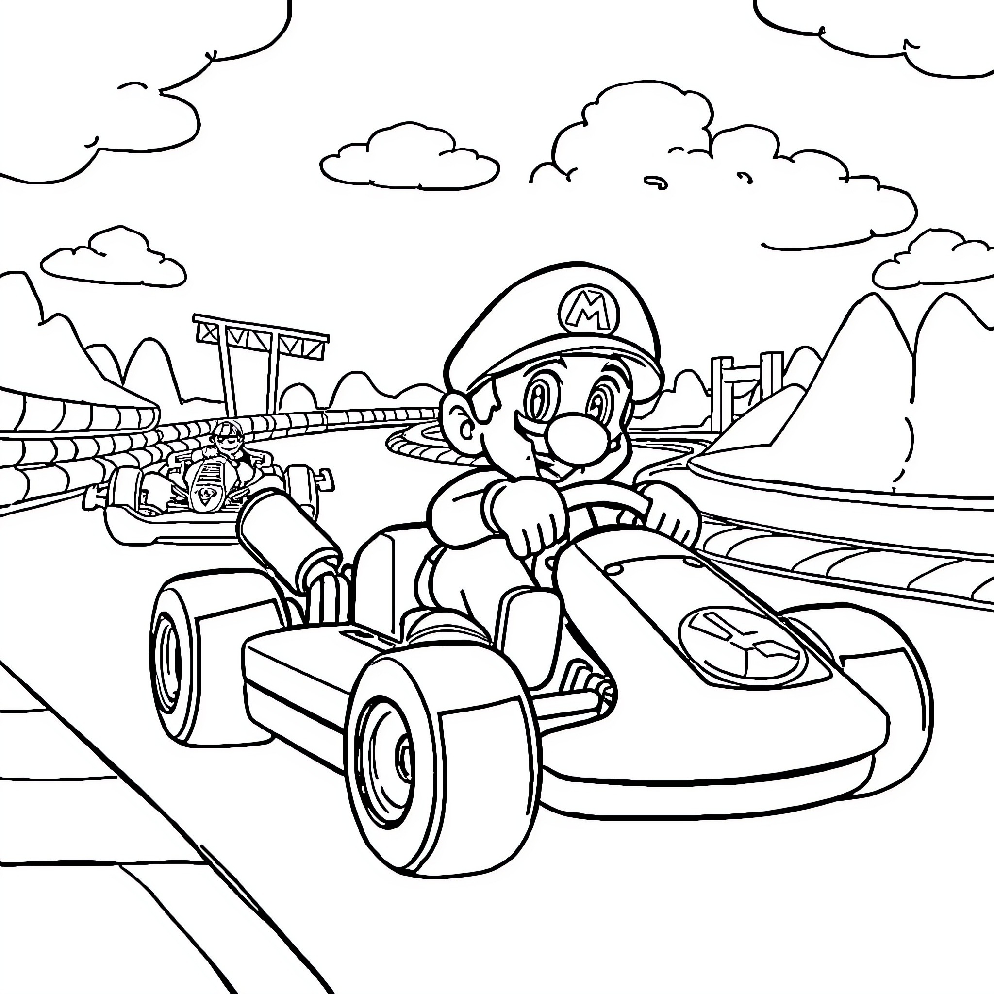 Pauline's Exciting Kart Racing Adventure Coloring Page (free black-and-white line drawing printable PDF for all, from beginners to advanced learners, including children, teens, adults, and seniors)