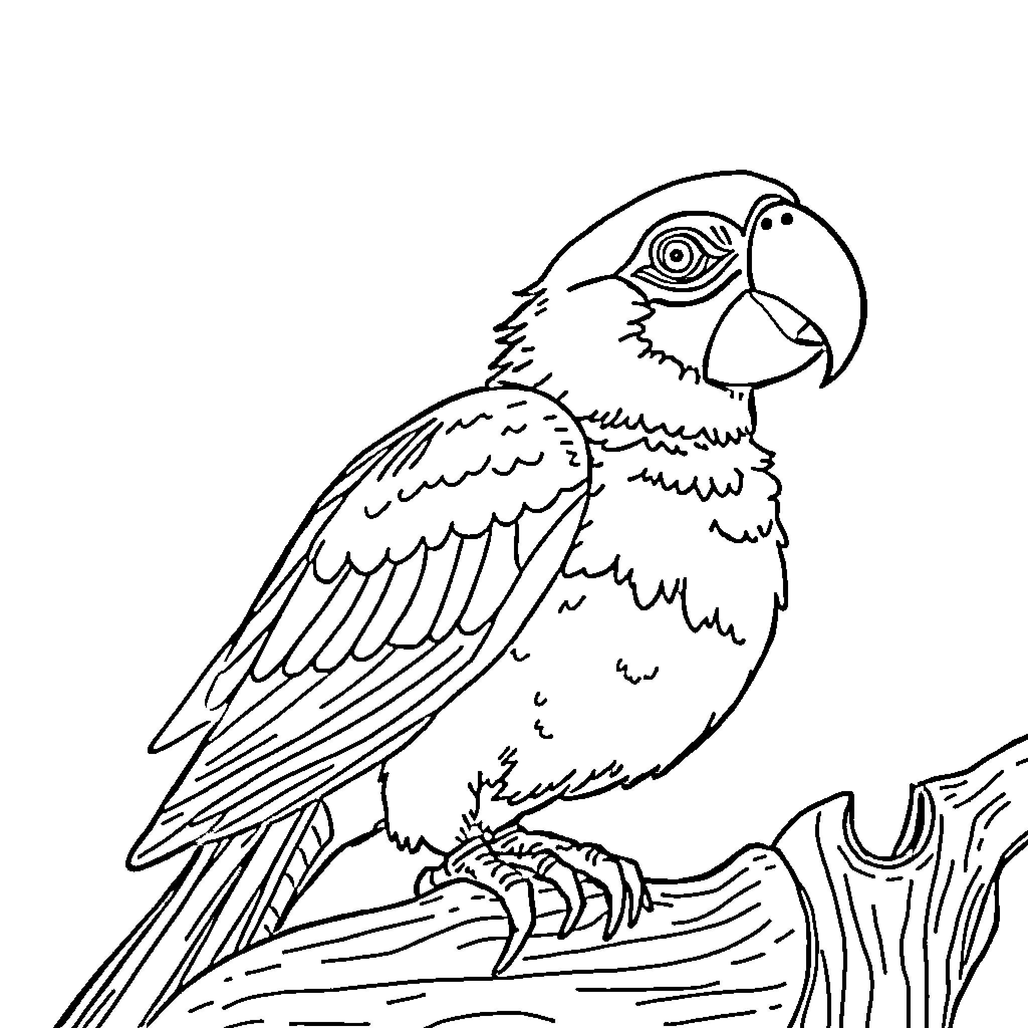 Pirate Parrot on a Perch Coloring Page (free black-and-white line drawing printable PDF for all, from beginners to advanced learners, including children, teens, adults, and seniors)