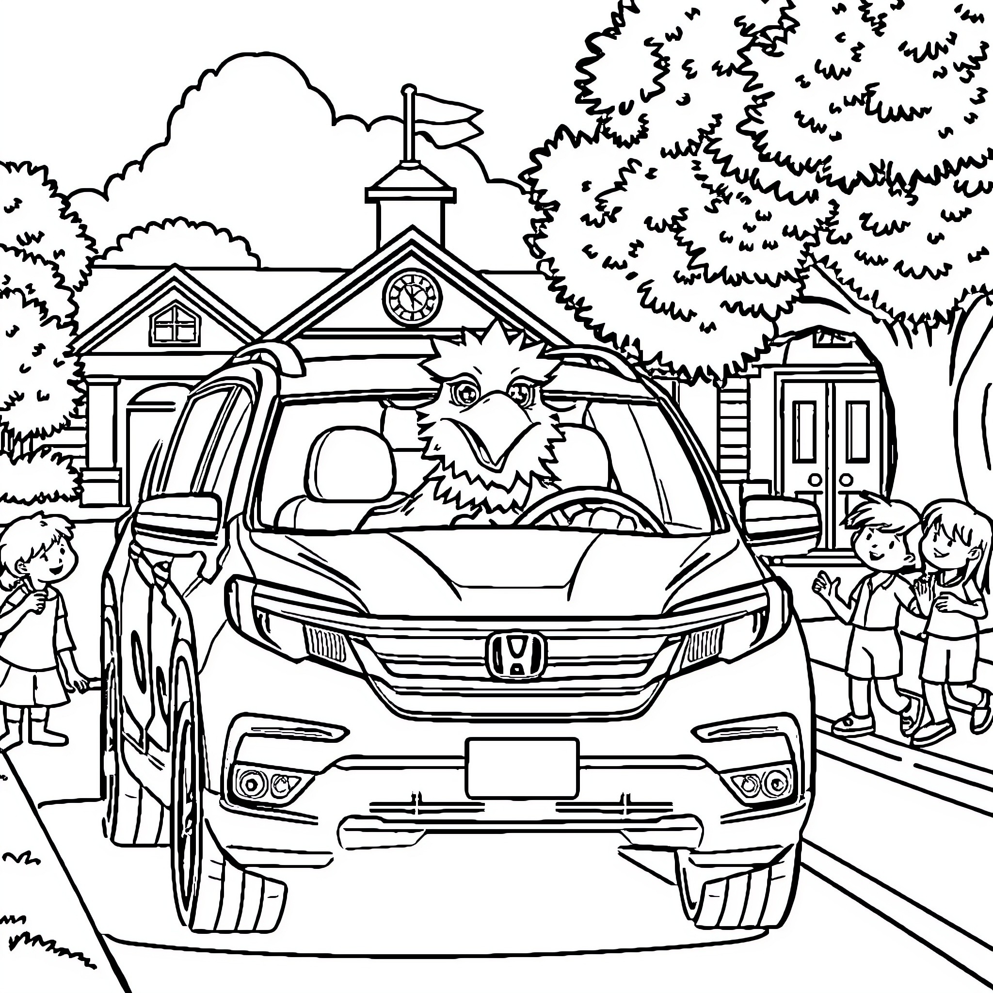 Eagle driving a car near a school building Coloring Page (free black-and-white line drawing printable PDF for all, from beginners to advanced learners, including children, teens, adults, and seniors)