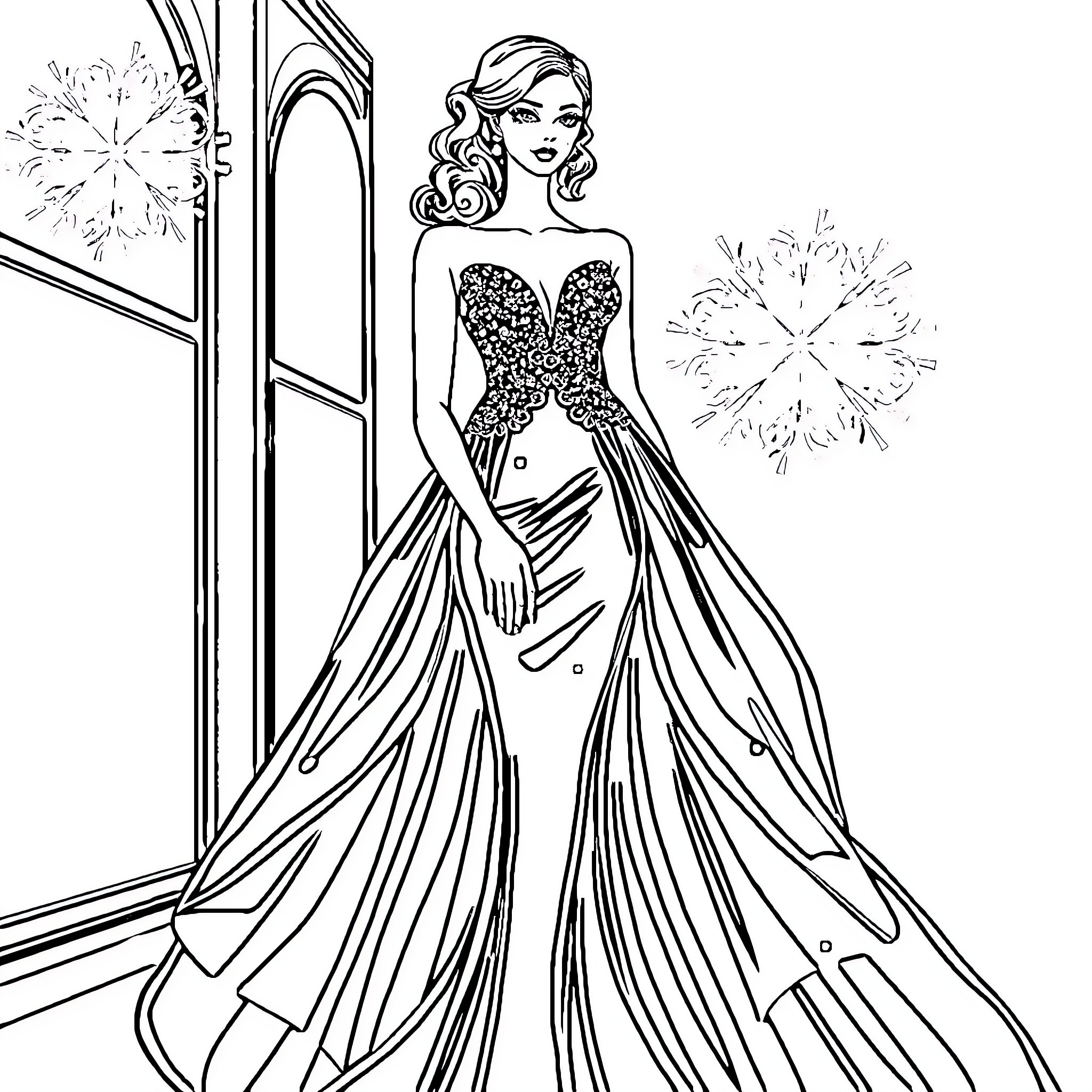 Model in Glamorous Evening Gown with Fireworks Coloring Page (free black-and-white line drawing printable PDF for all, from beginners to advanced learners, including children, teens, adults, and seniors)