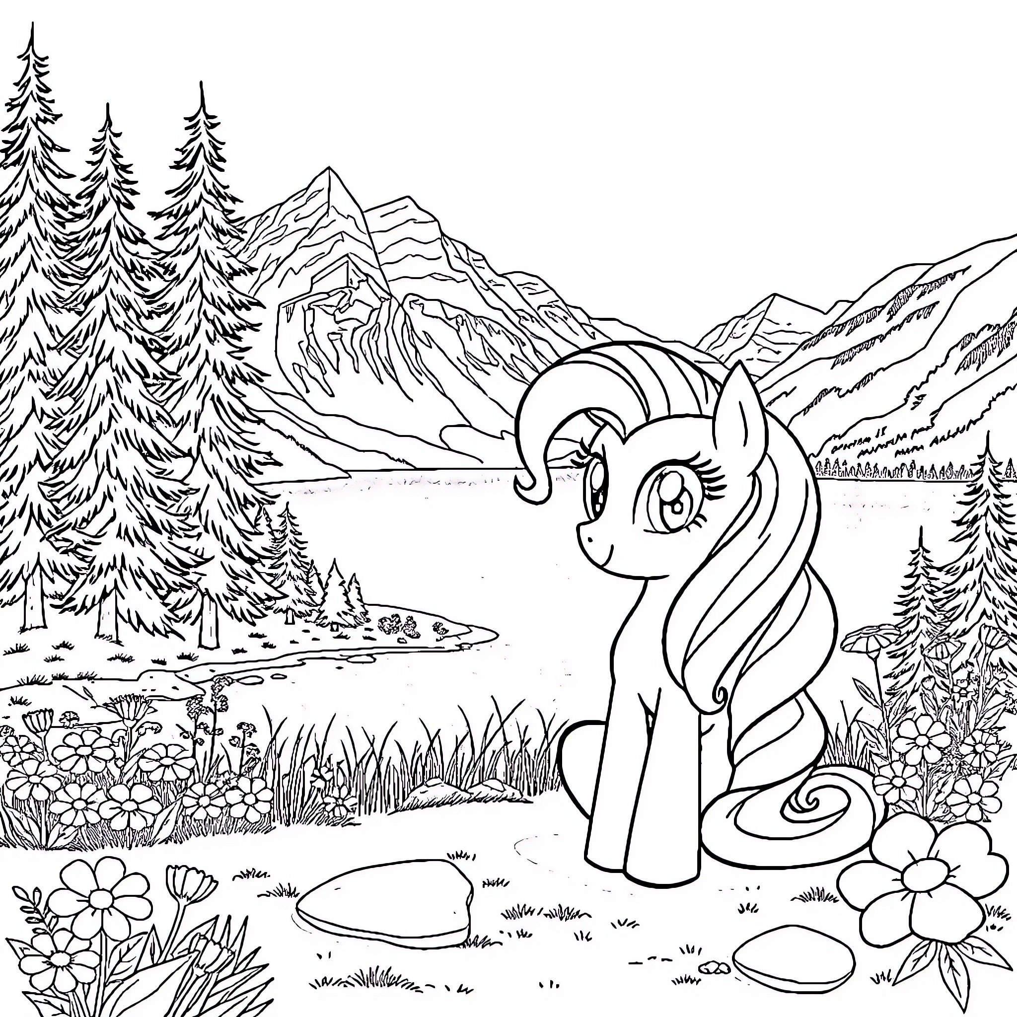 Pinkie Pie enjoying the picturesque mountain landscape Coloring Page (free black-and-white line drawing printable PDF for all, from beginners to advanced learners, including children, teens, adults, and seniors)