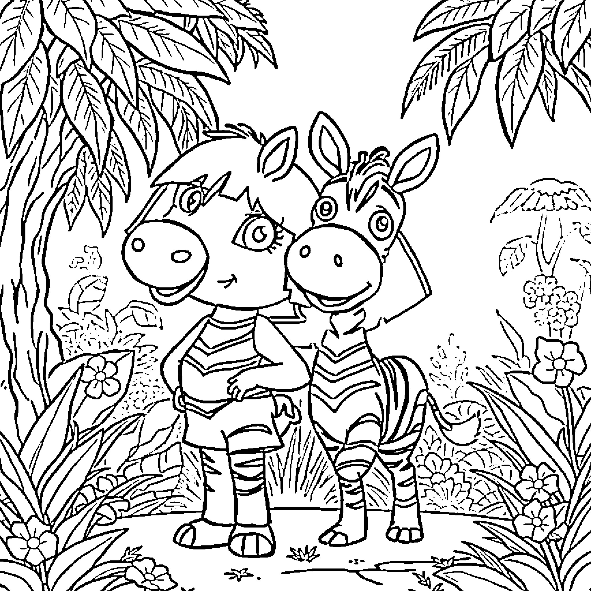 Dora and friends explore the jungle landscape Coloring Page (free black-and-white line drawing printable PDF for all, from beginners to advanced learners, including children, teens, adults, and seniors)