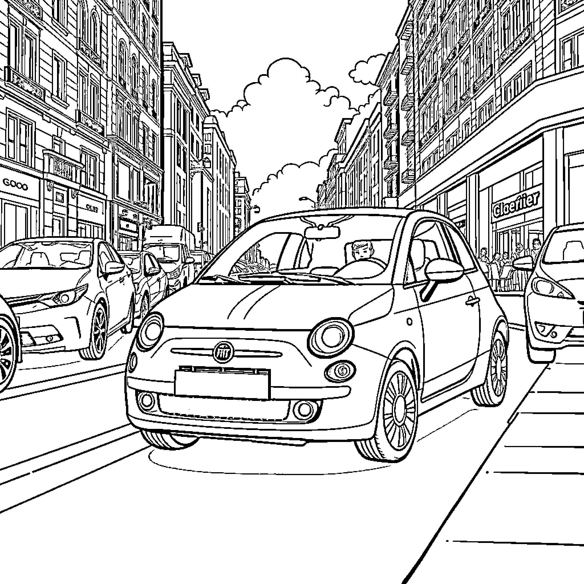 Fiat 500s navigating a busy city street Coloring Page (free black-and-white line drawing printable PDF for all, from beginners to advanced learners, including children, teens, adults, and seniors)