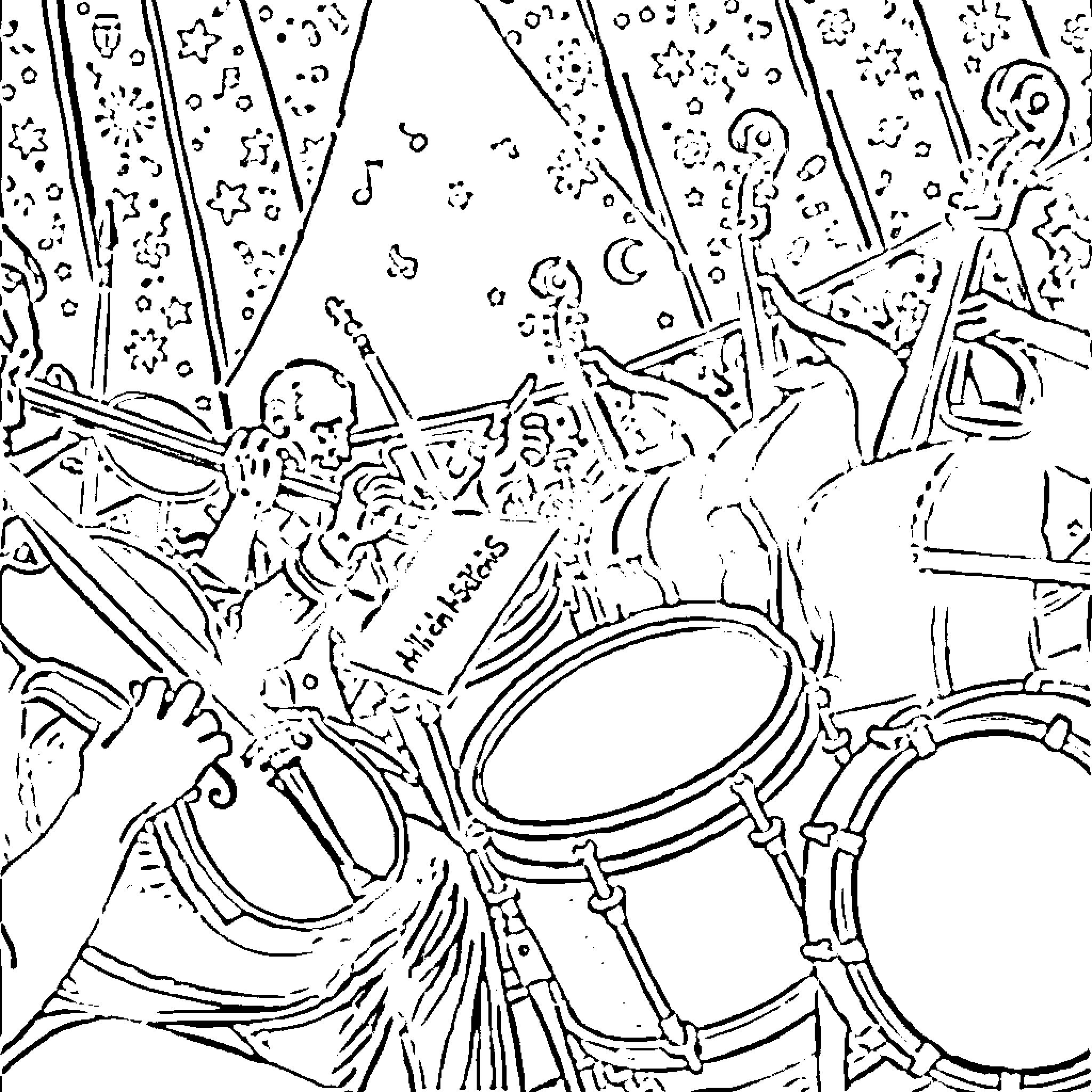 Instrument Musicians Performing on Stage Coloring Page (free black-and-white line drawing printable PDF for all, from beginners to advanced learners, including children, teens, adults, and seniors)