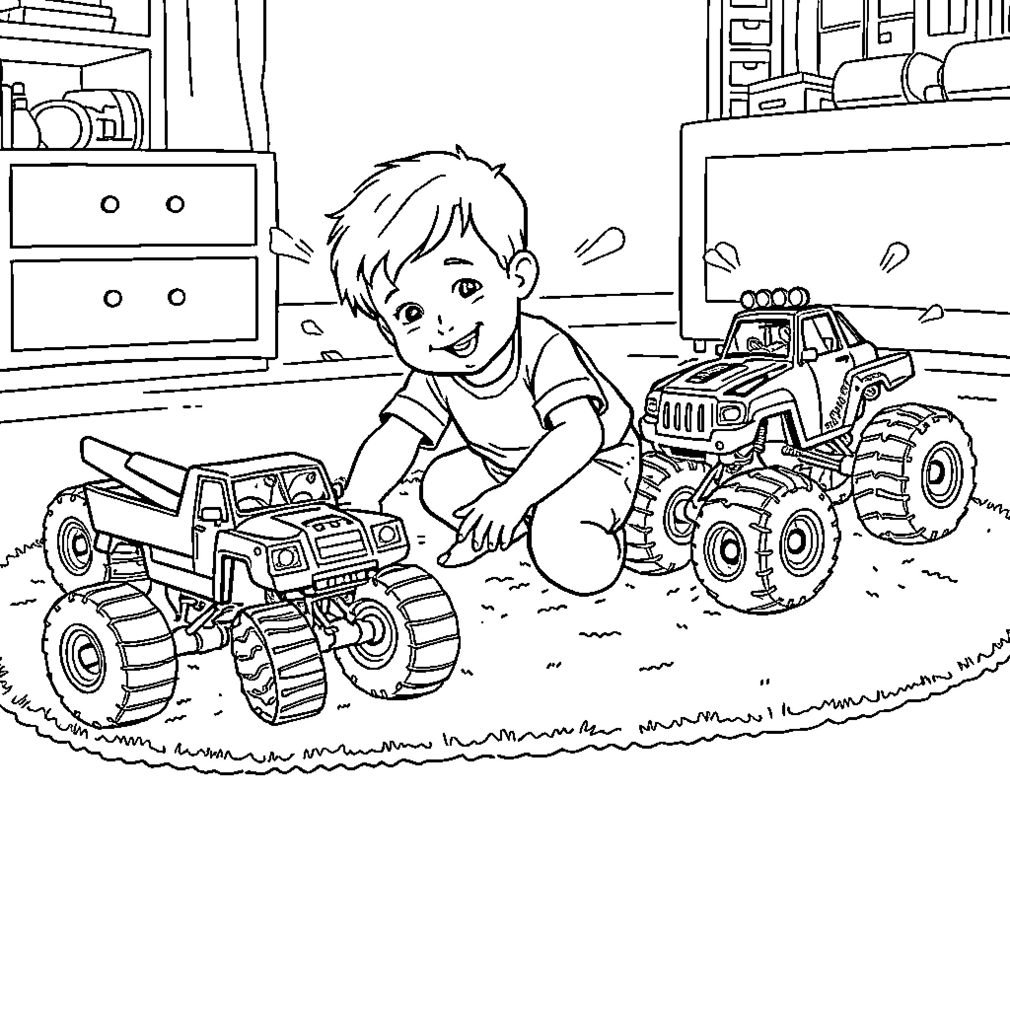 Monster Truck Fun Time with Boy Coloring Page (free black-and-white line drawing printable PDF for all, from beginners to advanced learners, including children, teens, adults, and seniors)