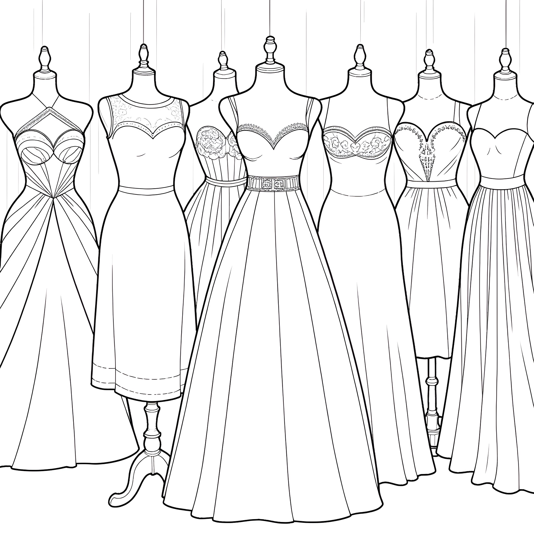 Dress designs with various styles and silhouettes Coloring Page (free black-and-white line drawing printable PDF for all, from beginners to advanced learners, including children, teens, adults, and seniors)