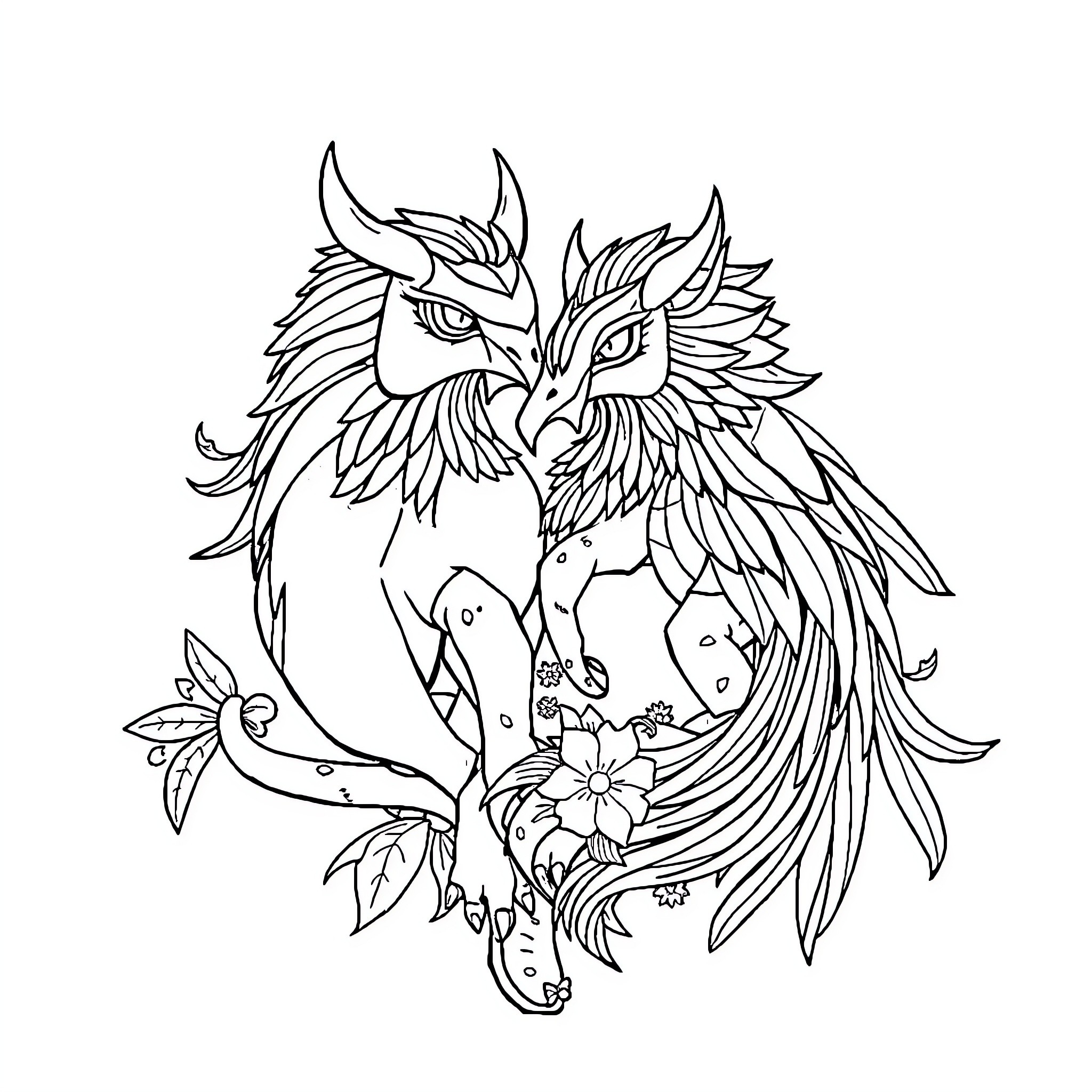 Double Allaitement of Mythical Creatures Coloring Page (free black-and-white line drawing printable PDF for all, from beginners to advanced learners, including children, teens, adults, and seniors)