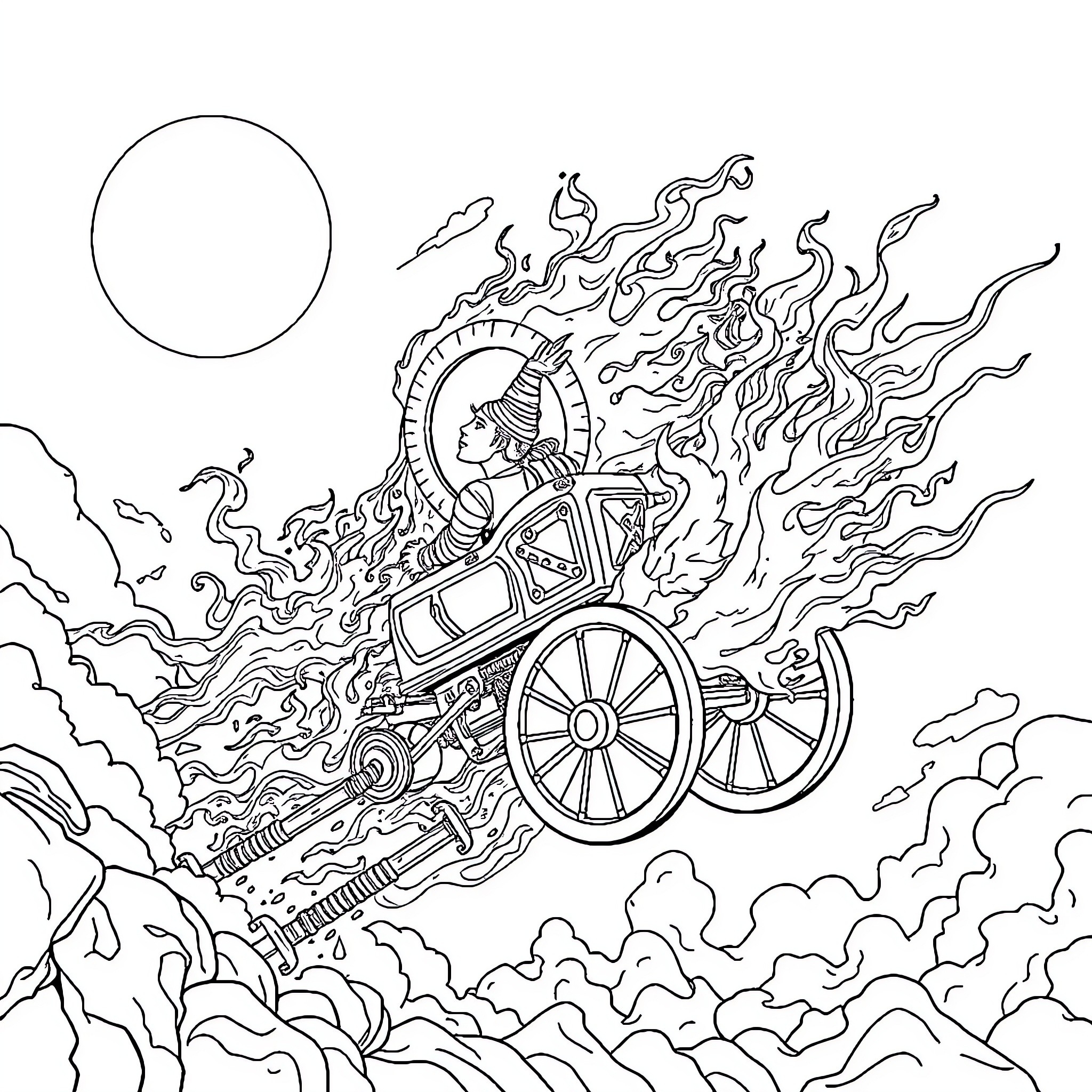 Chariot of Flames Racing Across the Sky Coloring Page (free black-and-white line drawing printable PDF for all, from beginners to advanced learners, including children, teens, adults, and seniors)