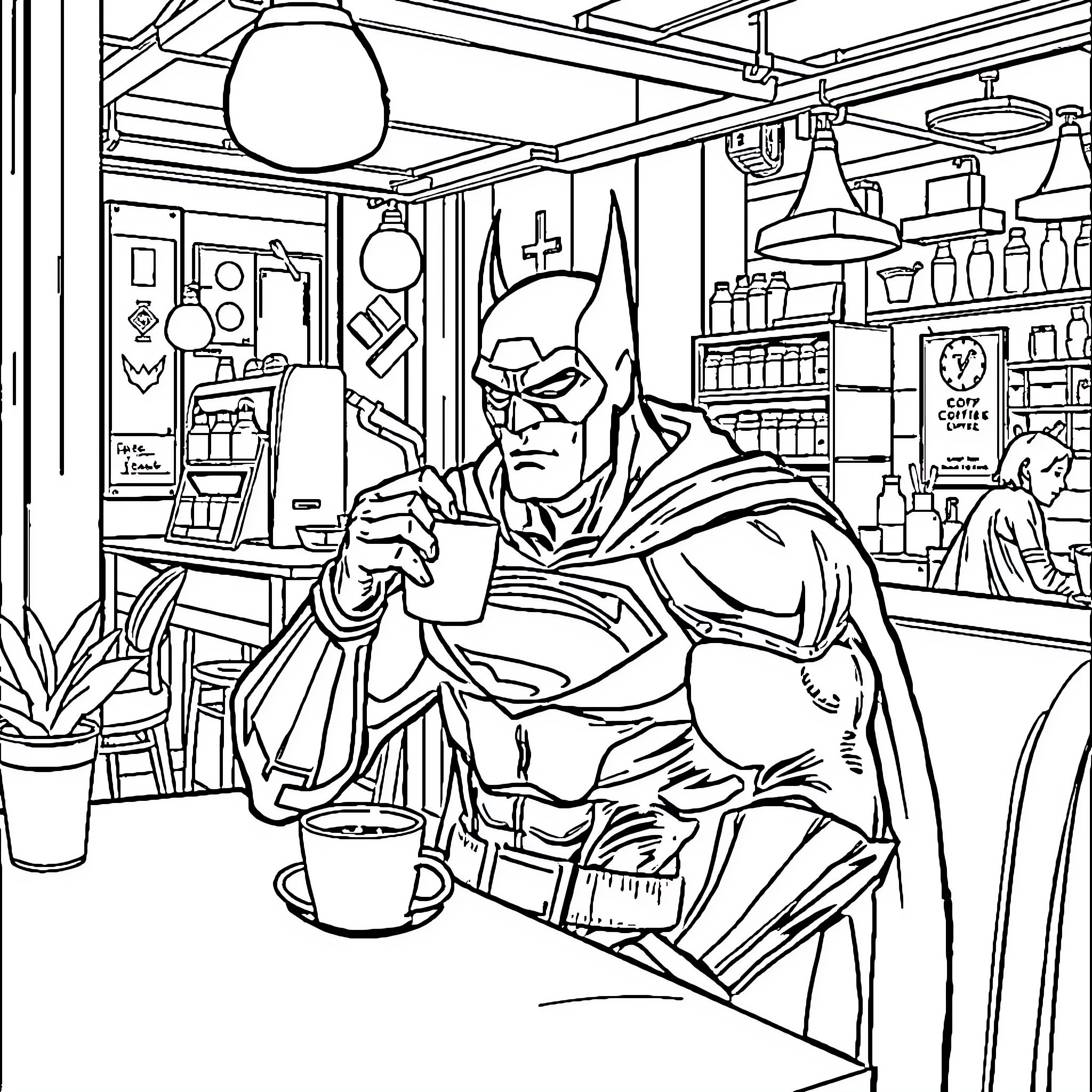 Superhero Enjoying a Peaceful Moment in a Cafe Coloring Page (free black-and-white line drawing printable PDF for all, from beginners to advanced learners, including children, teens, adults, and seniors)
