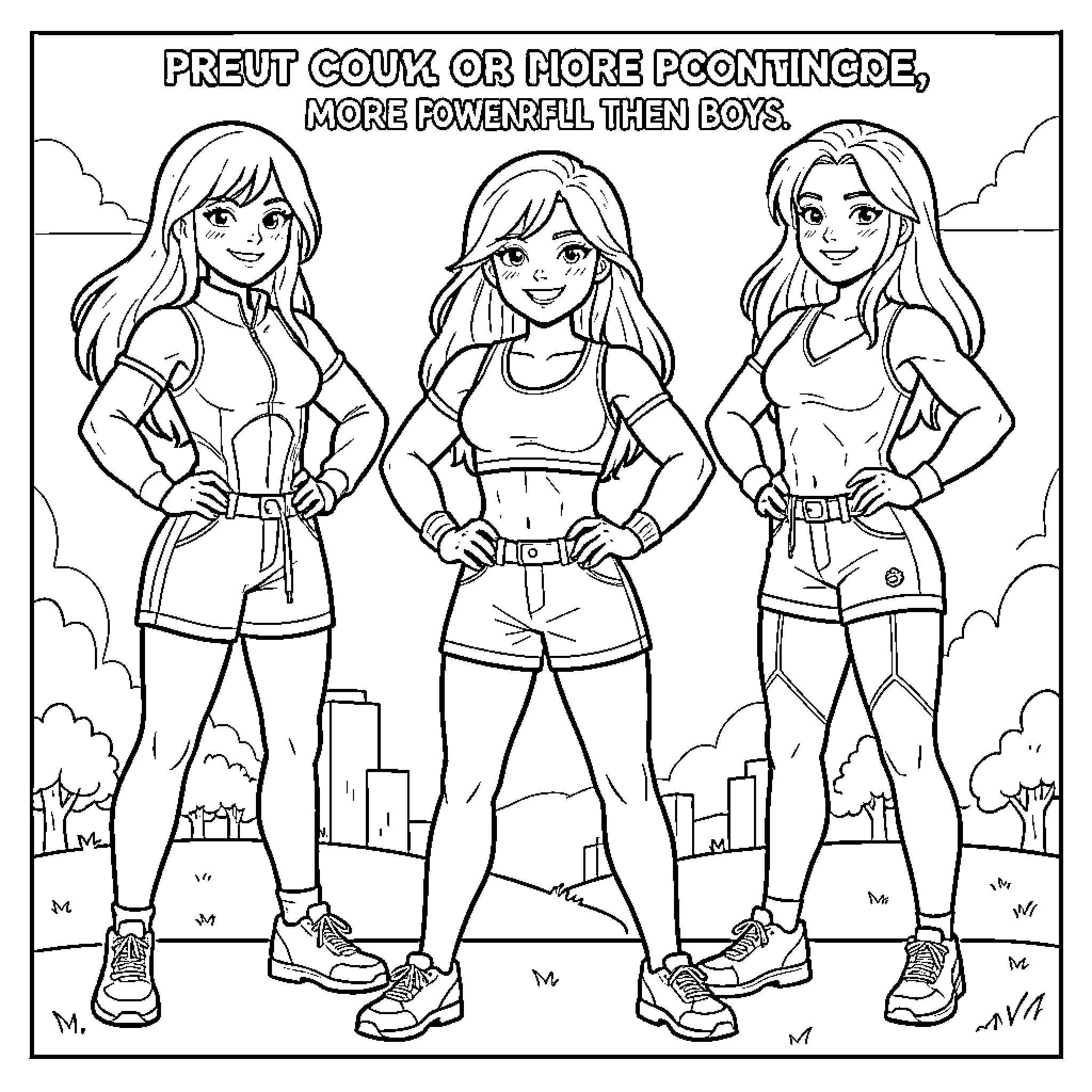Girl Superheroes Powerful Than Boys Coloring Page (free black-and-white line drawing printable PDF for all, from beginners to advanced learners, including children, teens, adults, and seniors)