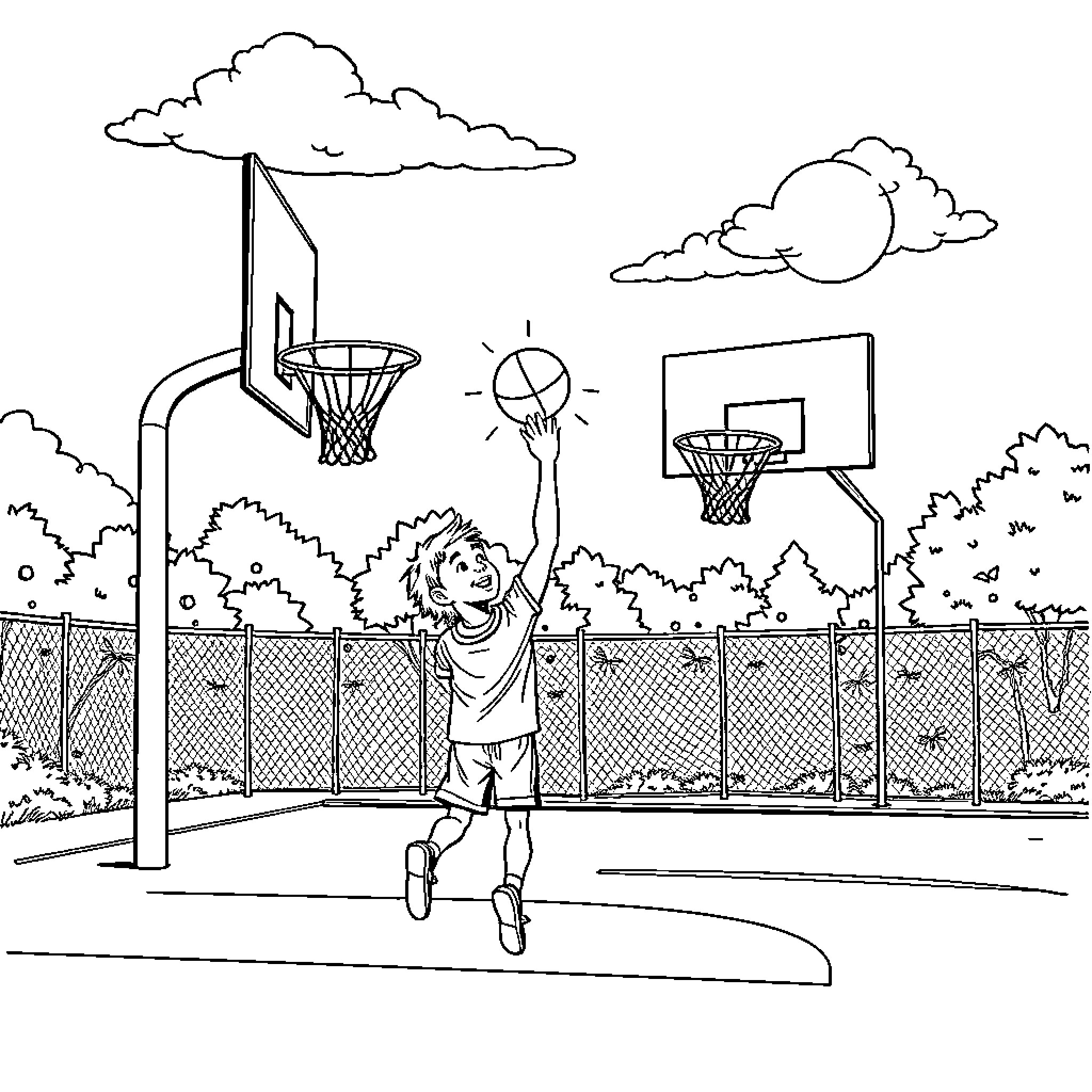 Boy playing basketball on outdoor court Coloring Page (free black-and-white line drawing printable PDF for all, from beginners to advanced learners, including children, teens, adults, and seniors)