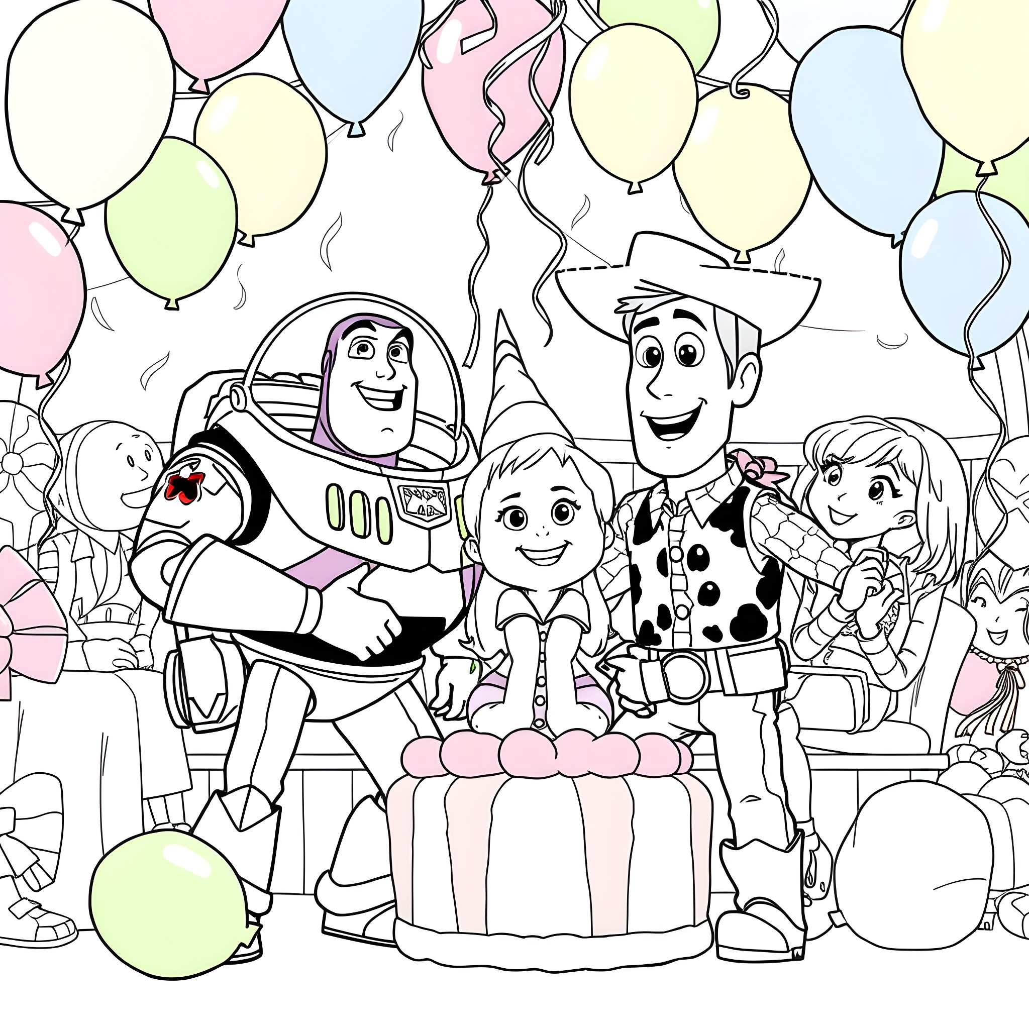 Buzz and Woody celebrating a birthday party with friends Coloring Page (free black-and-white line drawing printable PDF for all, from beginners to advanced learners, including children, teens, adults, and seniors)