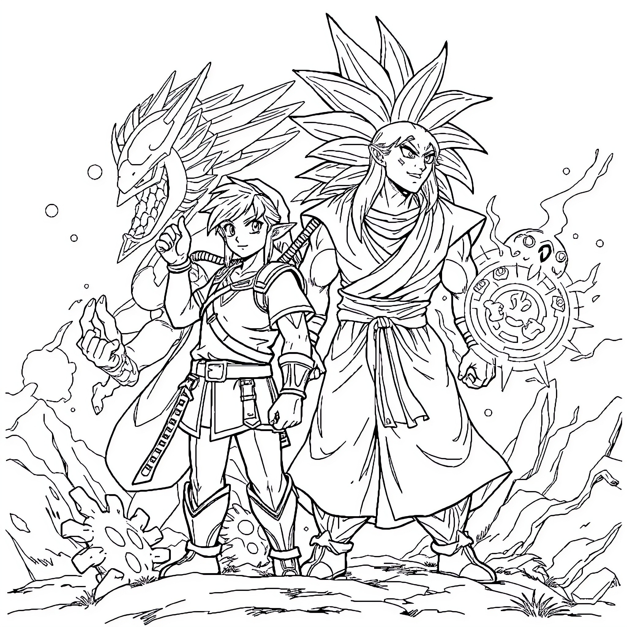 Link and Warrior in Fantastical Adventure Coloring Page (free black-and-white line drawing printable PDF for all, from beginners to advanced learners, including children, teens, adults, and seniors)