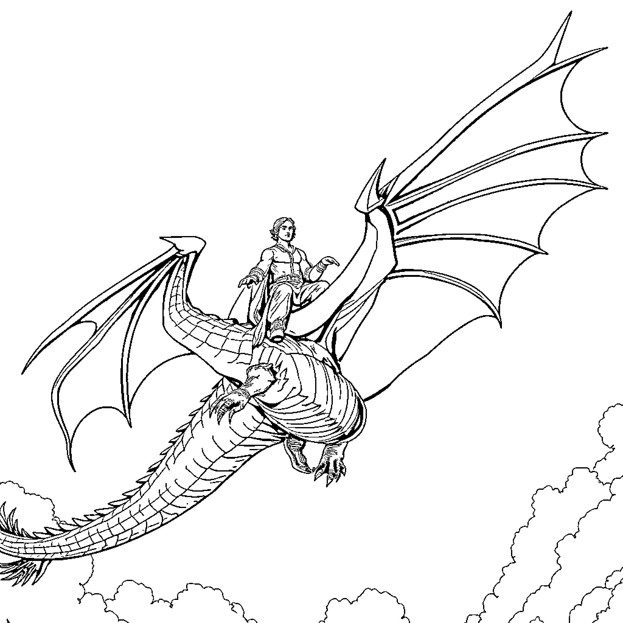 Daemon Targaryen riding a majestic dragon in the sky Coloring Page (free black-and-white line drawing printable PDF for all, from beginners to advanced learners, including children, teens, adults, and seniors)
