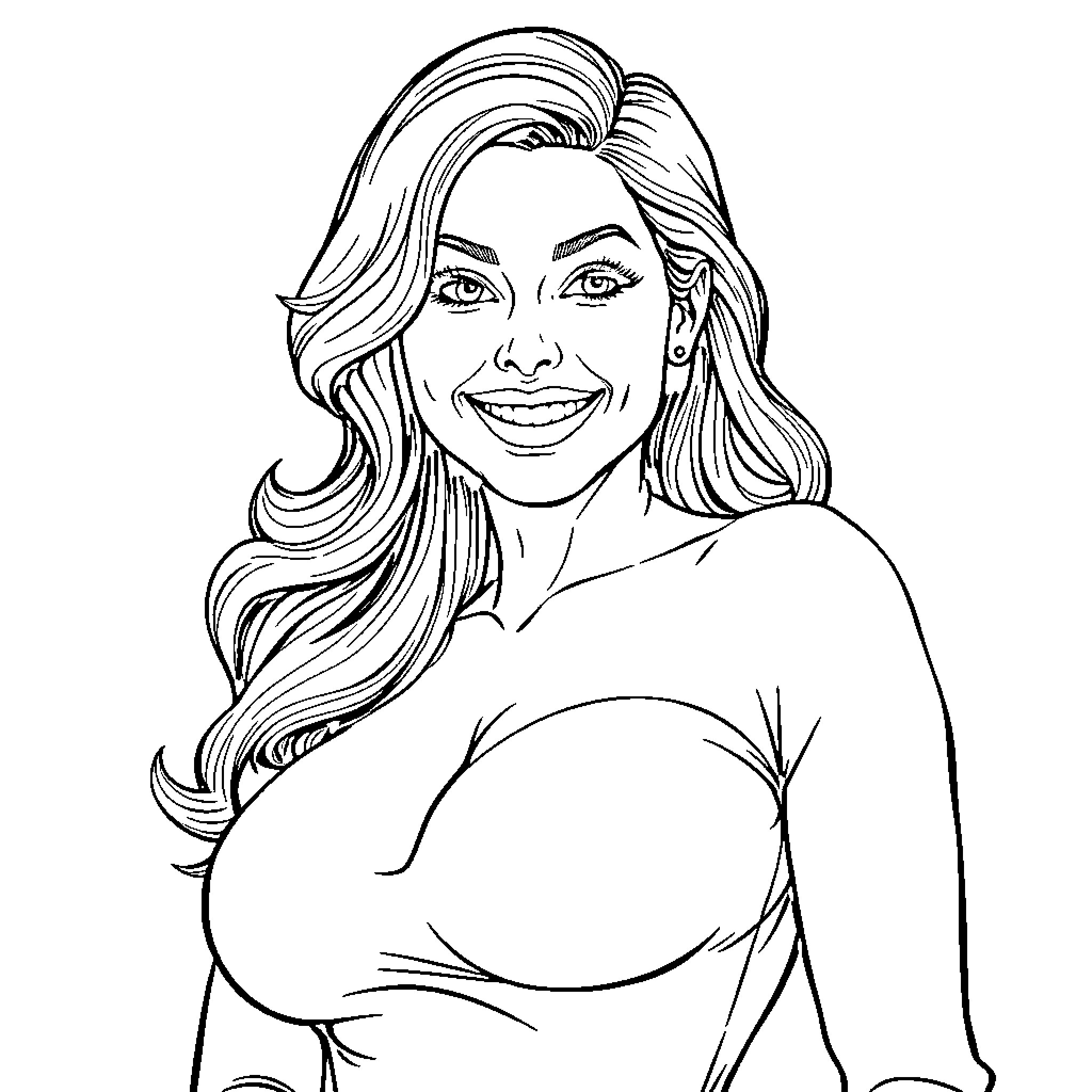 Woman with long, wavy hair and a warm smile Coloring Page (free black-and-white line drawing printable PDF for all, from beginners to advanced learners, including children, teens, adults, and seniors)