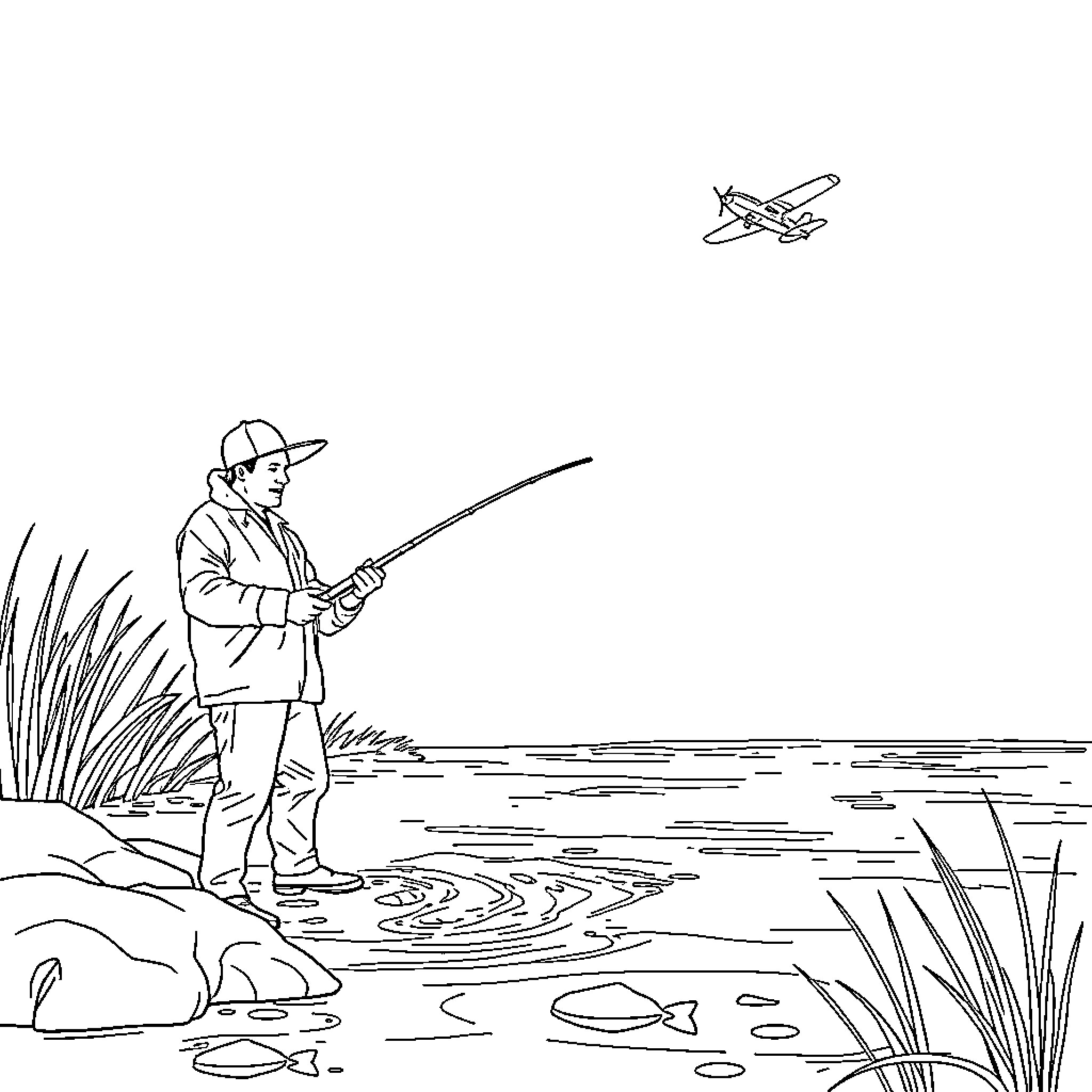 Angler fishing peacefully by the riverside Coloring Page (free black-and-white line drawing printable PDF for all, from beginners to advanced learners, including children, teens, adults, and seniors)