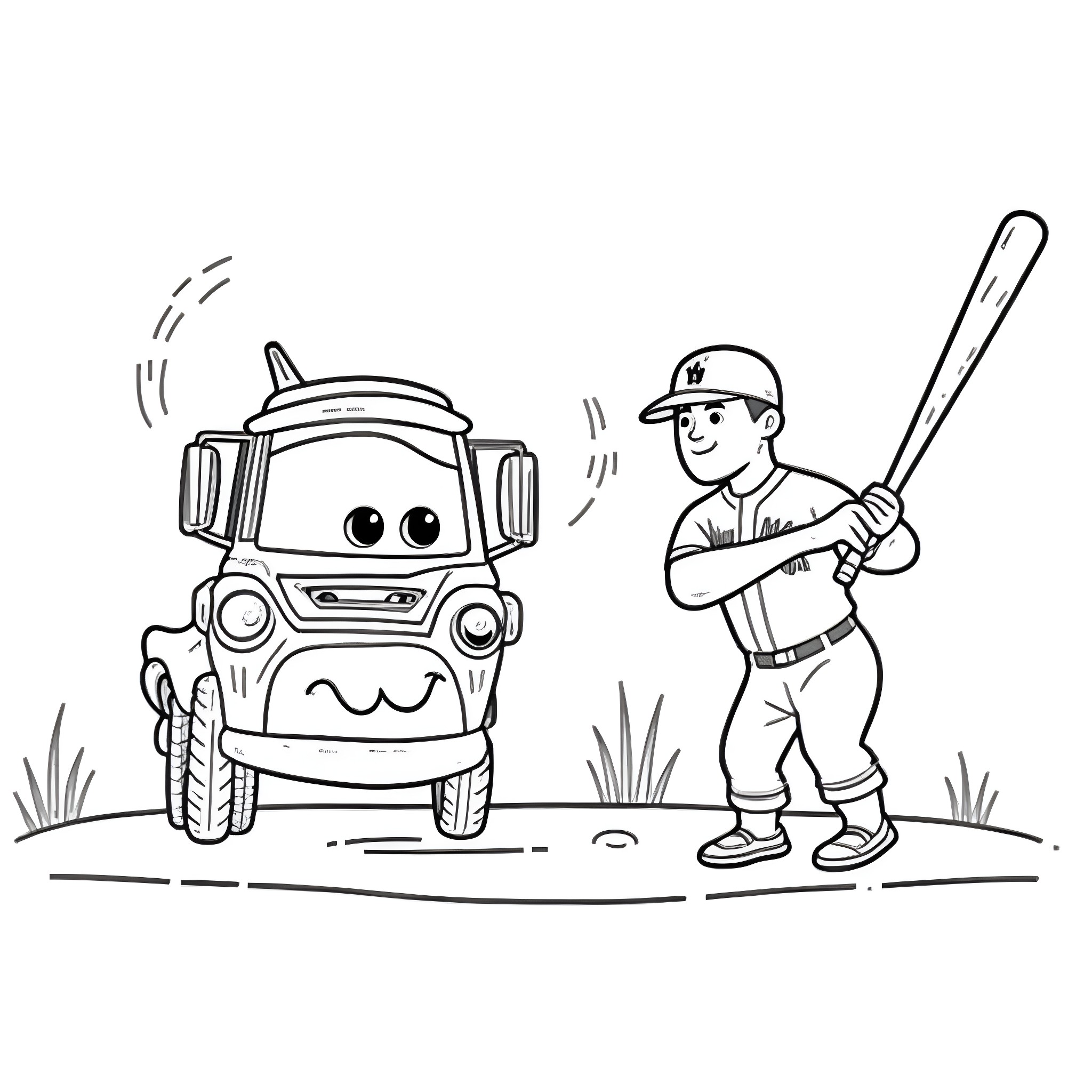 Tow Mater playing baseball with a young boy Coloring Page (free black-and-white line drawing printable PDF for all, from beginners to advanced learners, including children, teens, adults, and seniors)