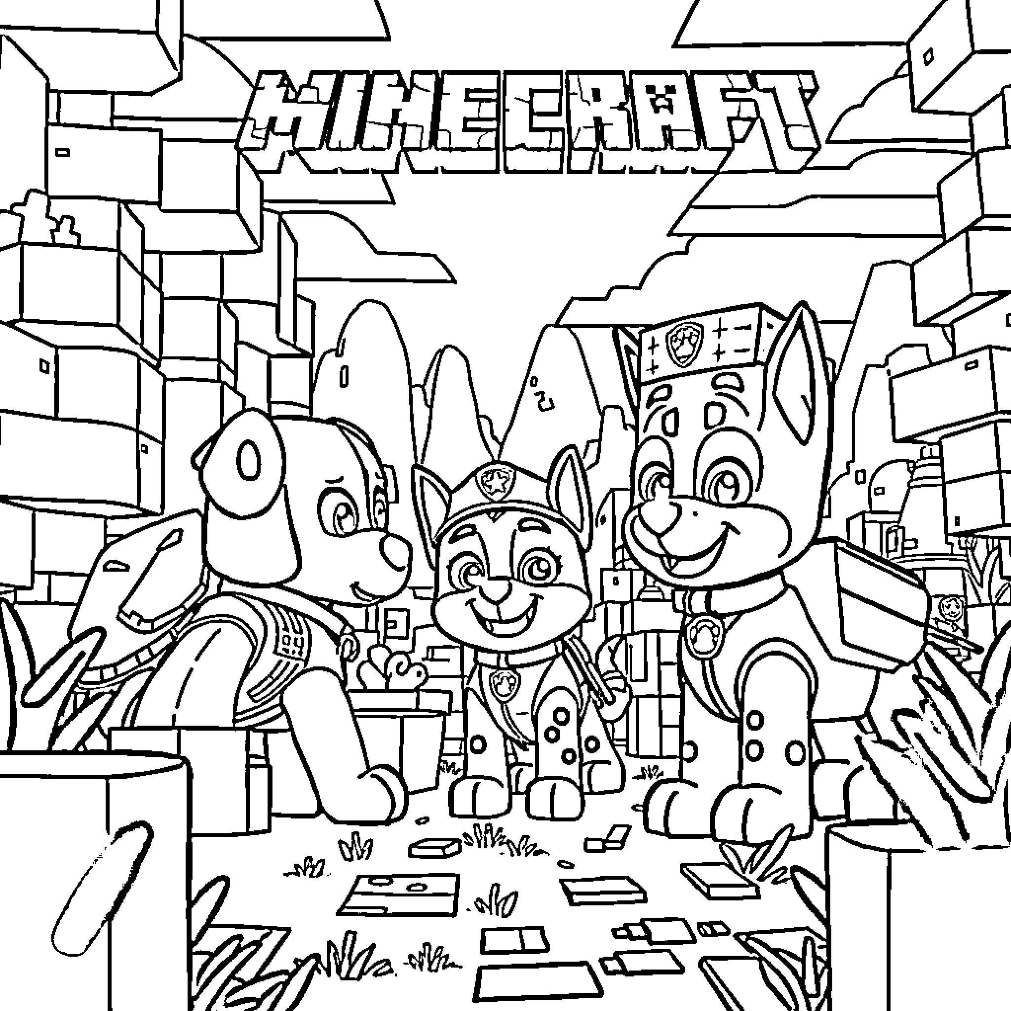Paw Patrol team exploring a Minecraft-inspired world Coloring Page (free black-and-white line drawing printable PDF for all, from beginners to advanced learners, including children, teens, adults, and seniors)