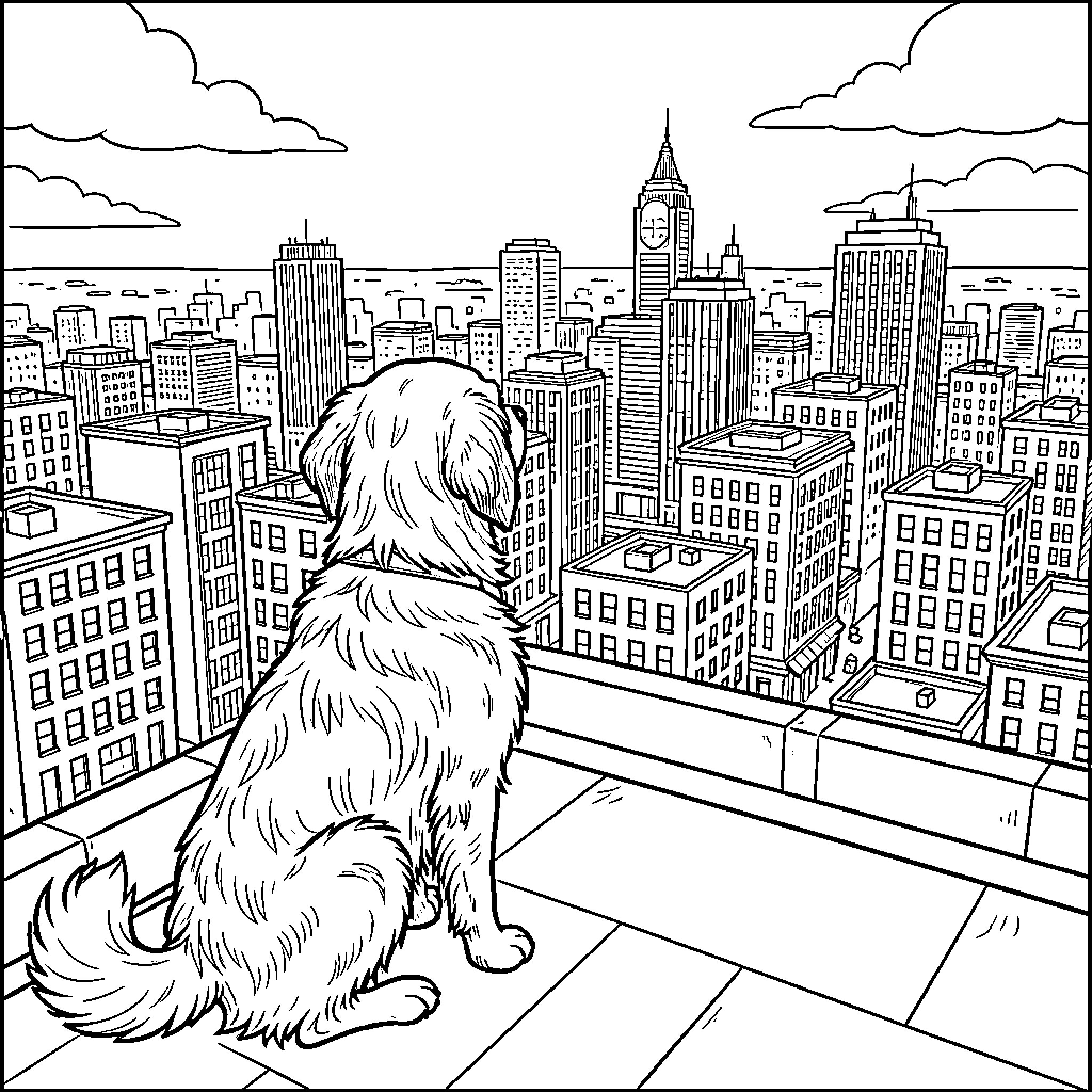Perro enjoying the urban skyline view Coloring Page (free black-and-white line drawing printable PDF for all, from beginners to advanced learners, including children, teens, adults, and seniors)