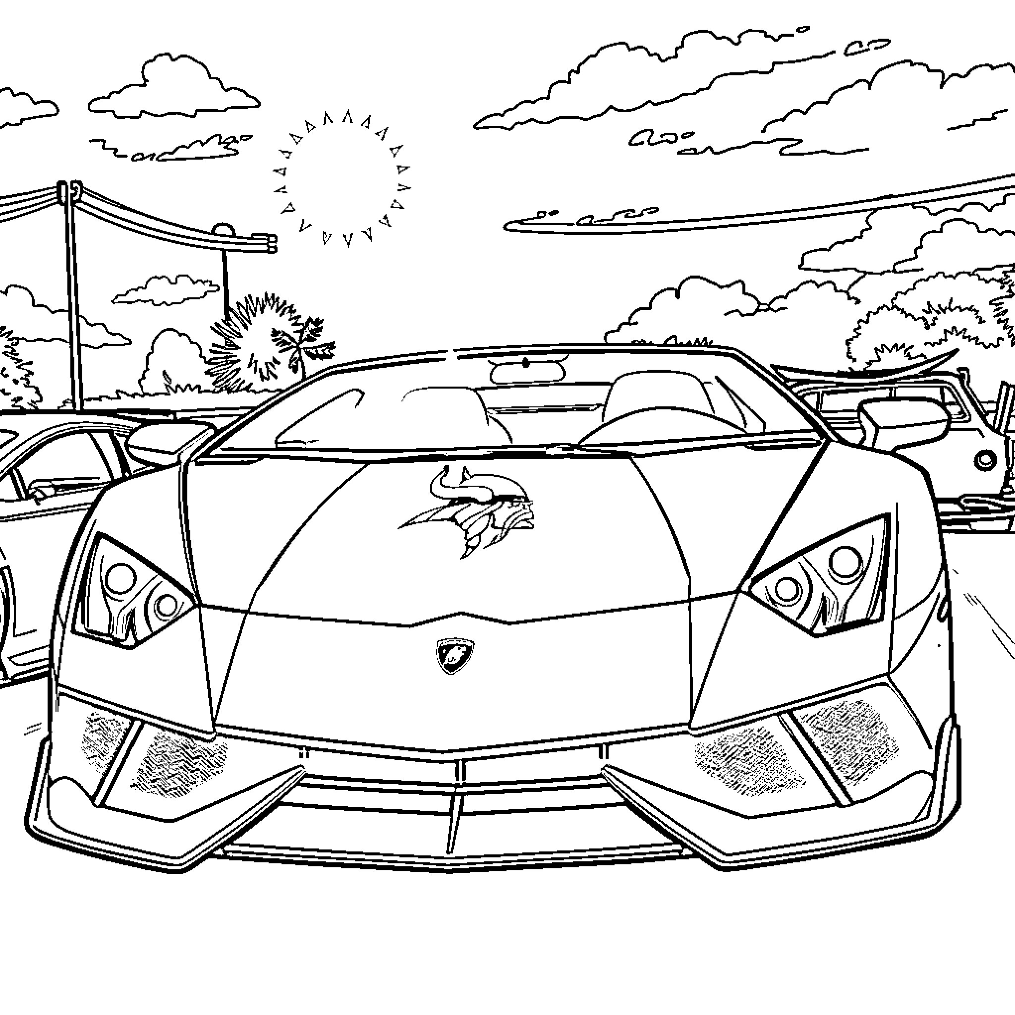 Lamborghini Supercar on Scenic Road Coloring Page (free black-and-white line drawing printable PDF for all, from beginners to advanced learners, including children, teens, adults, and seniors)