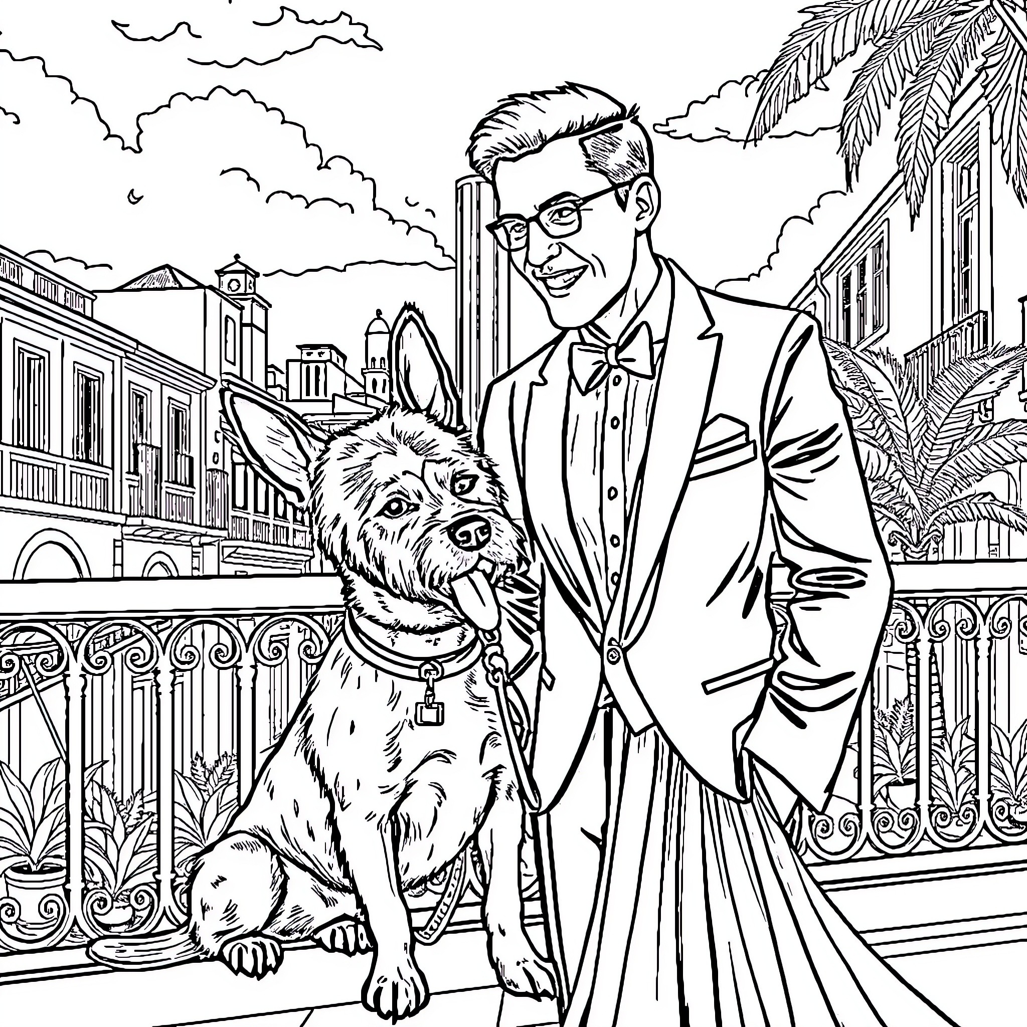 Boda Celebration with Stylish Couple and Furry Friend Coloring Page (free black-and-white line drawing printable PDF for all, from beginners to advanced learners, including children, teens, adults, and seniors)