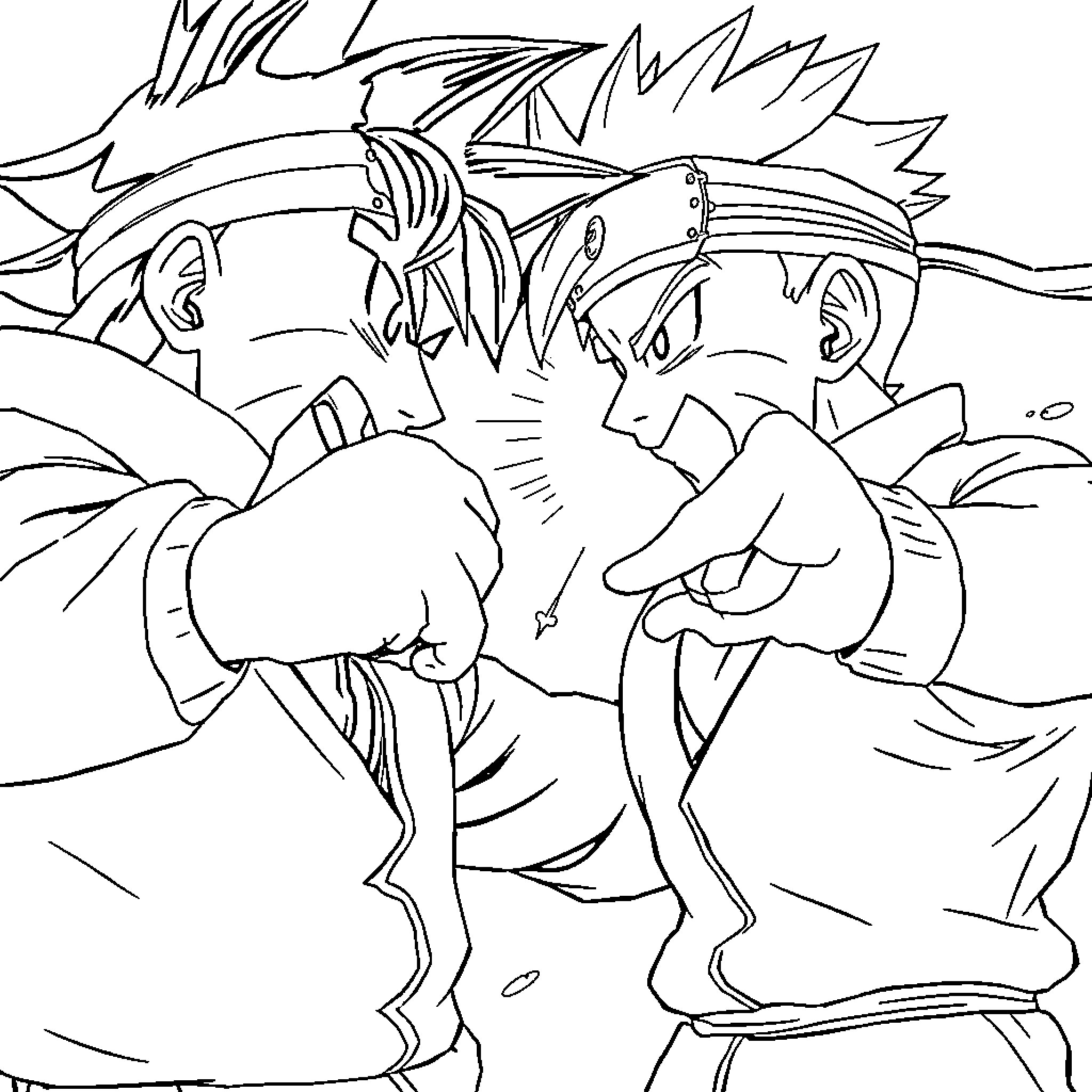 Naruto characters in intense battle Coloring Page (free black-and-white line drawing printable PDF for all, from beginners to advanced learners, including children, teens, adults, and seniors)