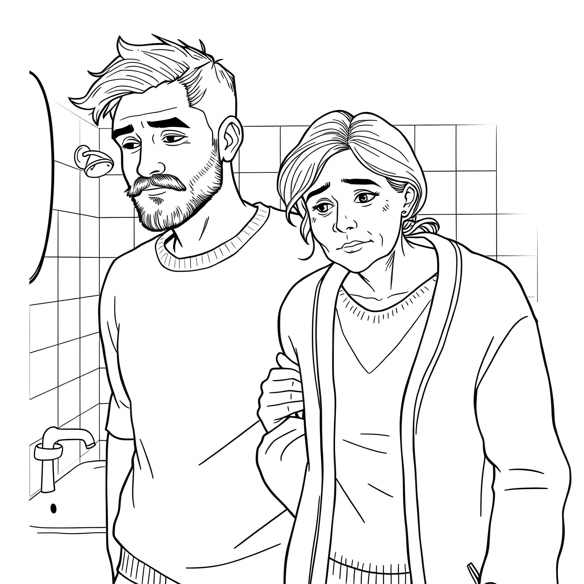 Husband and wife in casual attire Coloring Page (free black-and-white line drawing printable PDF for all, from beginners to advanced learners, including children, teens, adults, and seniors)