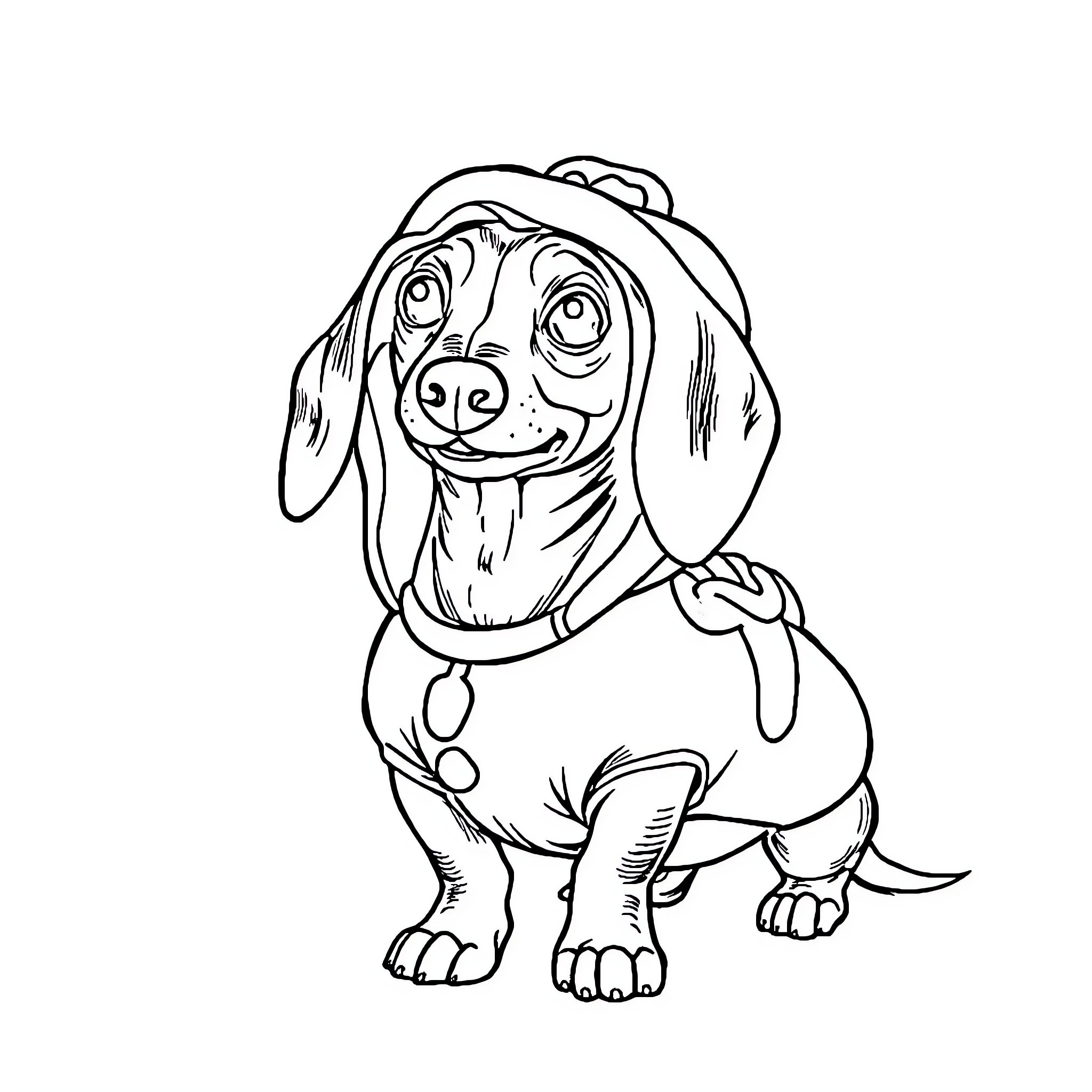 Dackel enjoying a playful day Coloring Page (free black-and-white line drawing printable PDF for all, from beginners to advanced learners, including children, teens, adults, and seniors)