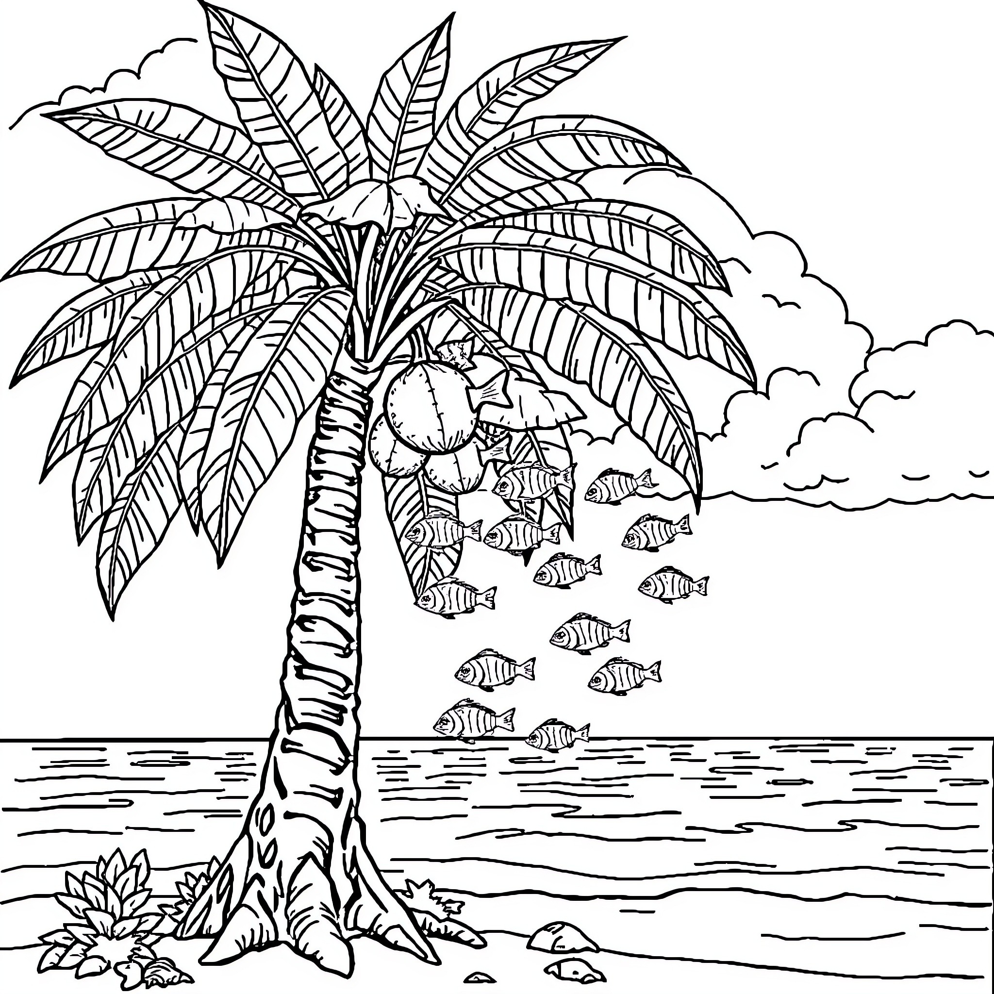 Breadfruit tree by the ocean with tropical fish Coloring Page (free black-and-white line drawing printable PDF for all, from beginners to advanced learners, including children, teens, adults, and seniors)