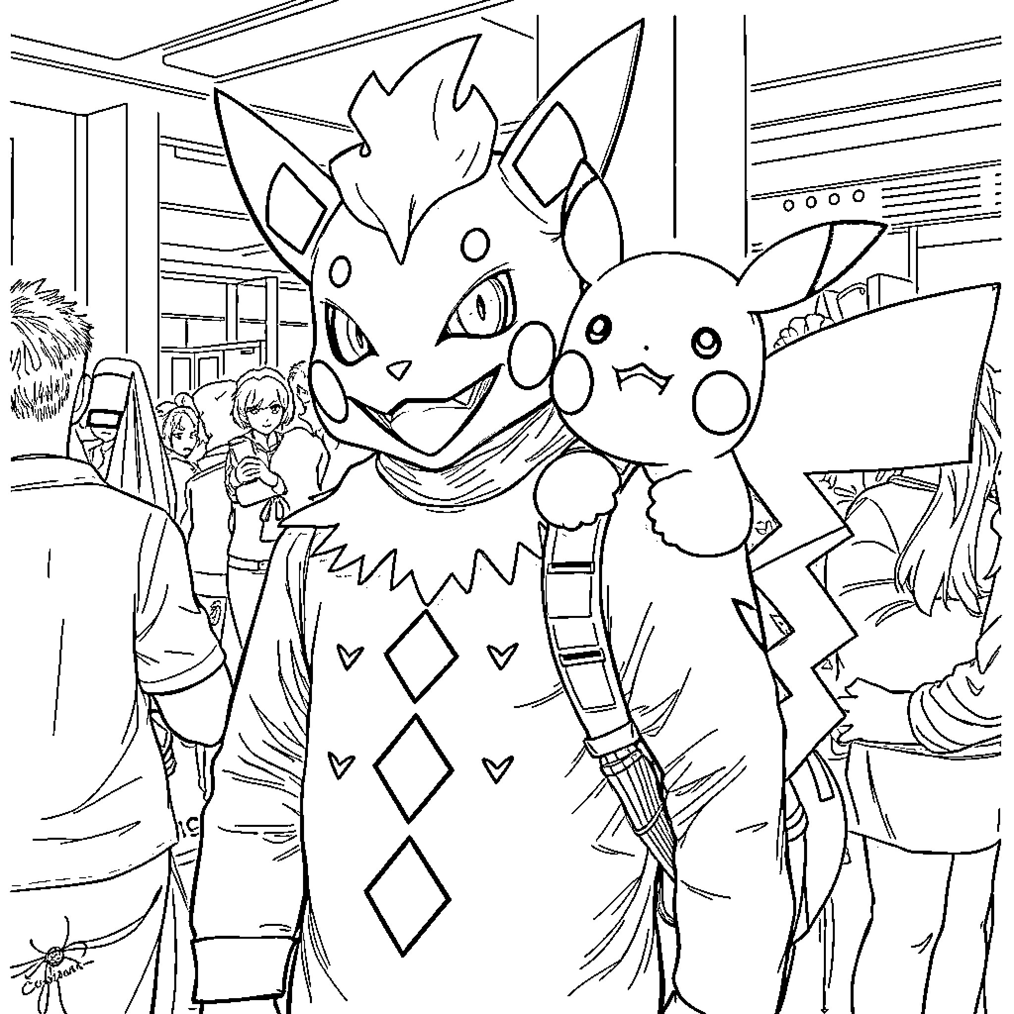 Agumon and Pikachu in a Lively Gathering Coloring Page (free black-and-white line drawing printable PDF for all, from beginners to advanced learners, including children, teens, adults, and seniors)