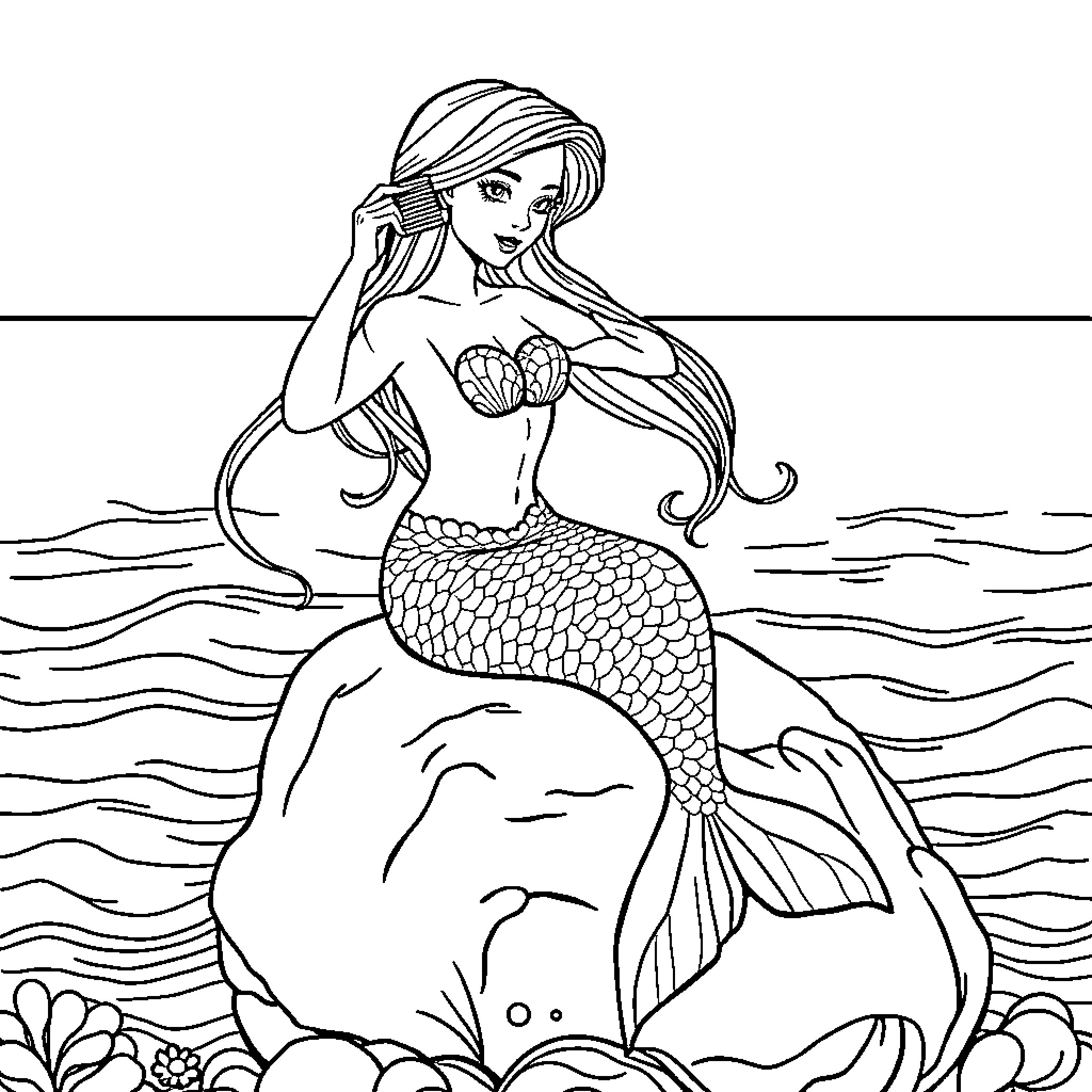 Mermaid gracefully swimming in the ocean Coloring Page (free black-and-white line drawing printable PDF for all, from beginners to advanced learners, including children, teens, adults, and seniors)