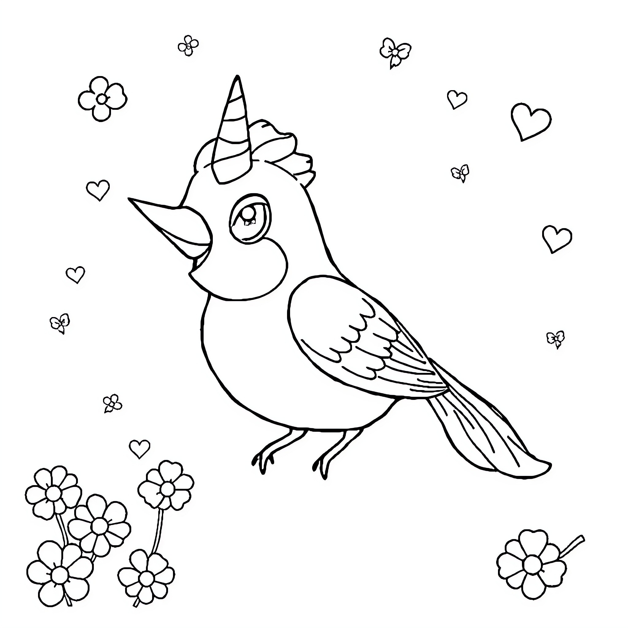 Unicorn bird surrounded by flowers and hearts Coloring Page (free black-and-white line drawing printable PDF for all, from beginners to advanced learners, including children, teens, adults, and seniors)