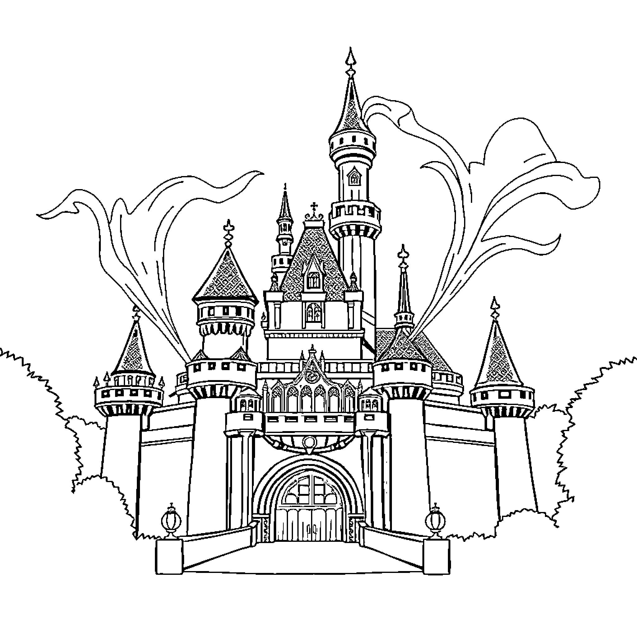 Château with Ornate Towers and Archway Entrance Coloring Page (free black-and-white line drawing printable PDF for all, from beginners to advanced learners, including children, teens, adults, and seniors)