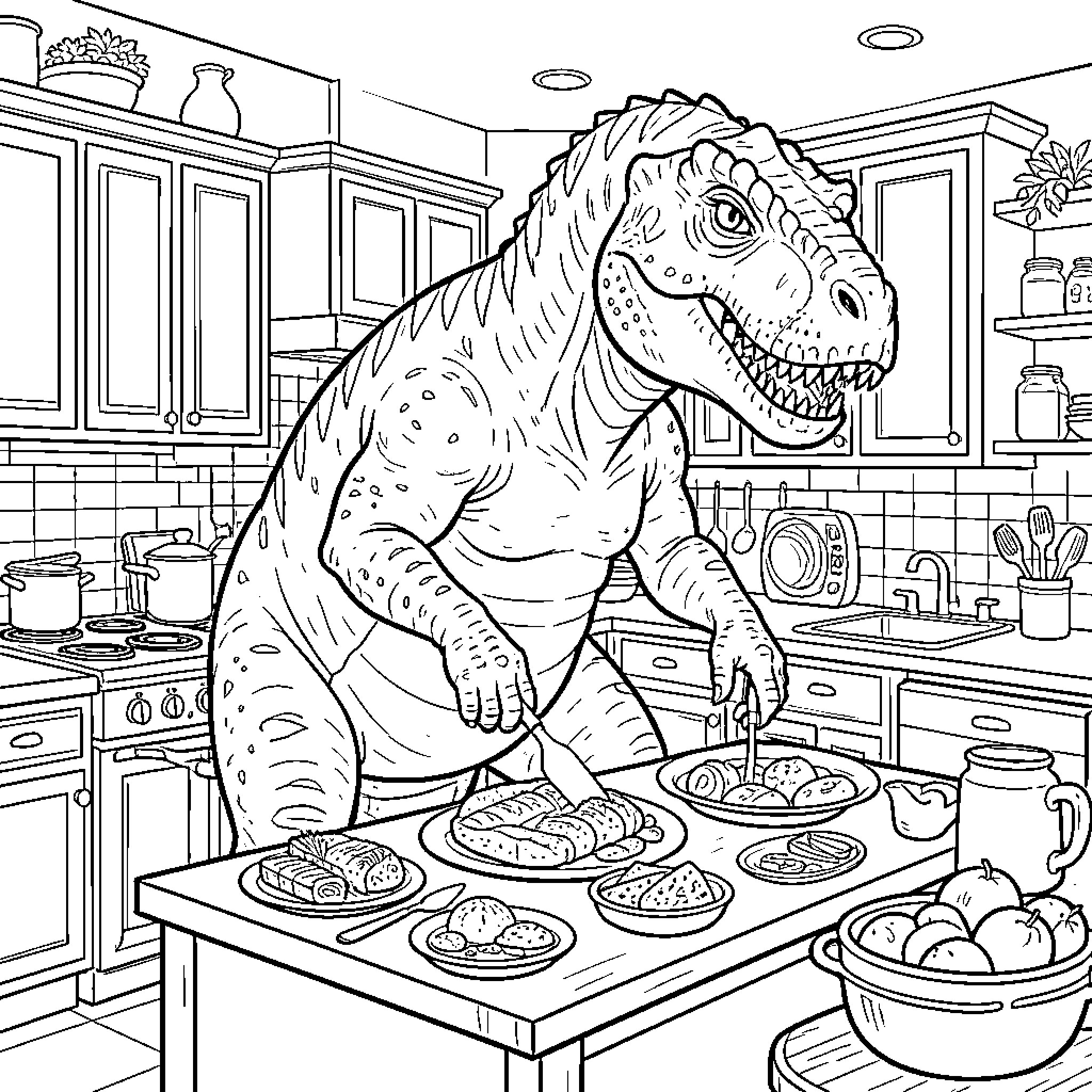 Dinosaur cooking treats in kitchen Coloring Page (free black-and-white line drawing printable PDF for all, from beginners to advanced learners, including children, teens, adults, and seniors)