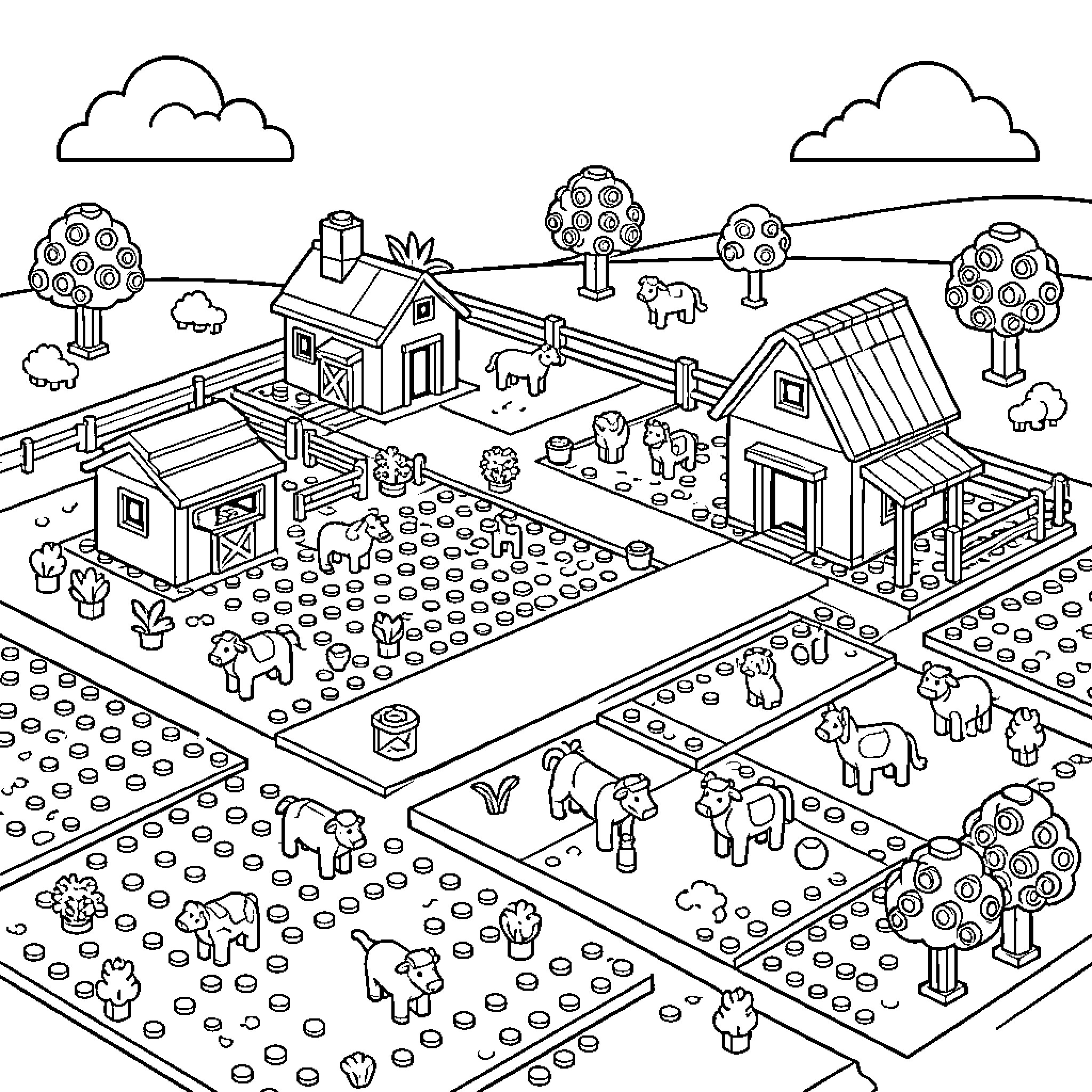 Farm animals grazing near houses and vegetable gardens Coloring Page (free black-and-white line drawing printable PDF for all, from beginners to advanced learners, including children, teens, adults, and seniors)